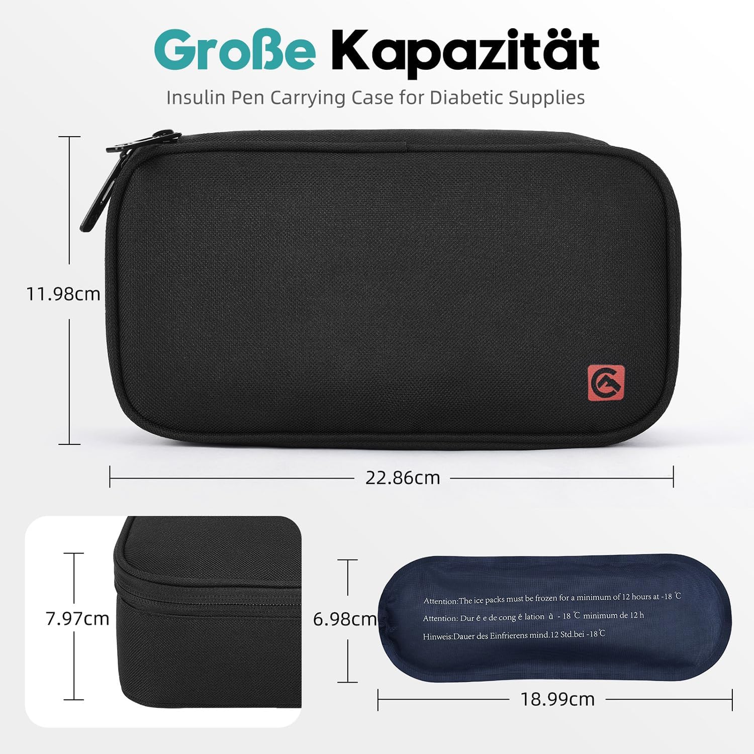 Detalle de ALLCAMP Insulin-Kühltasche mit Kühlbox, 4 wiederverwendbaren Eisbeuteln und Organizer