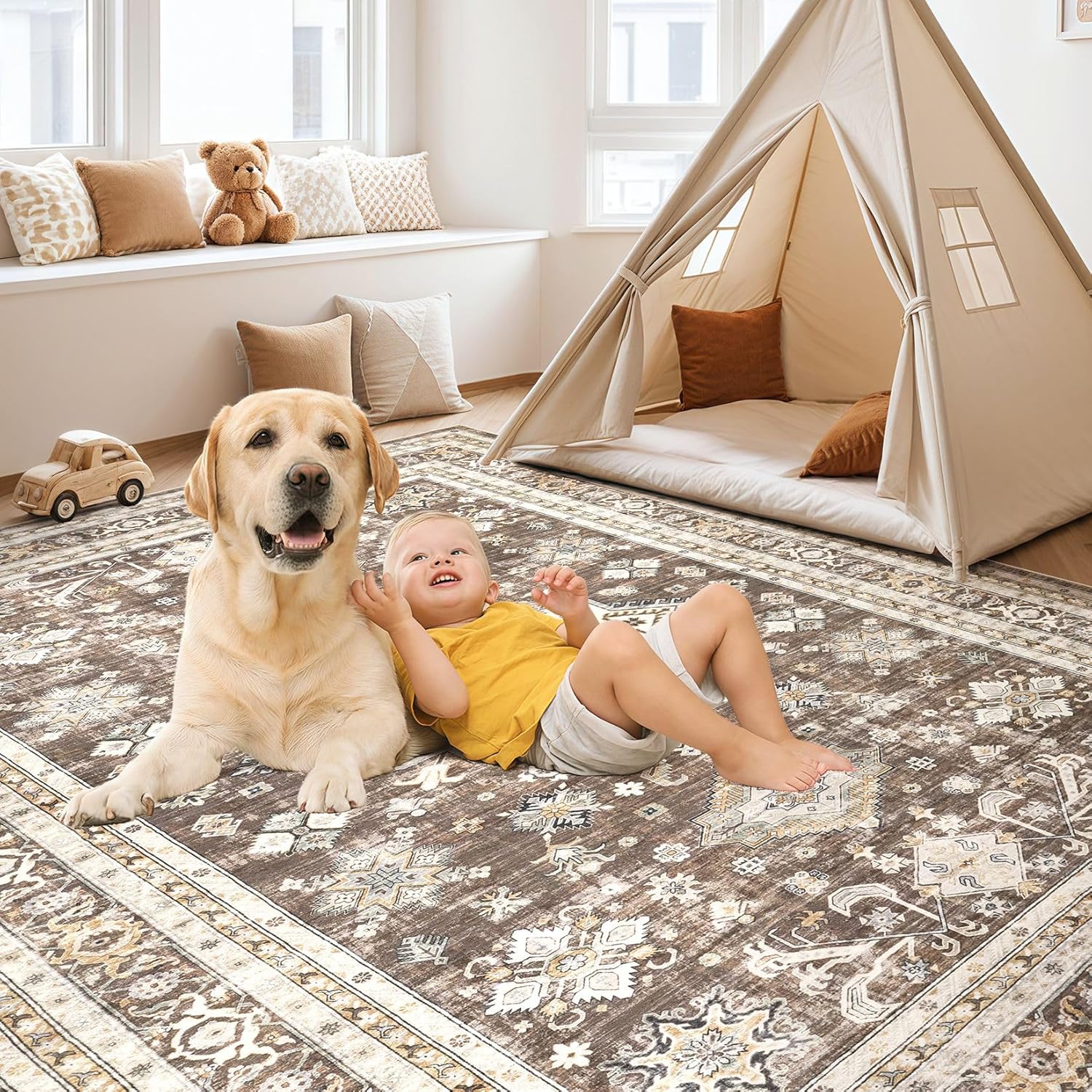 Thumbnail 5 de Vintage Living Room Area Rug 9x12 in Dark Brown (Traditional, Washable) for Bedroom, Office & More