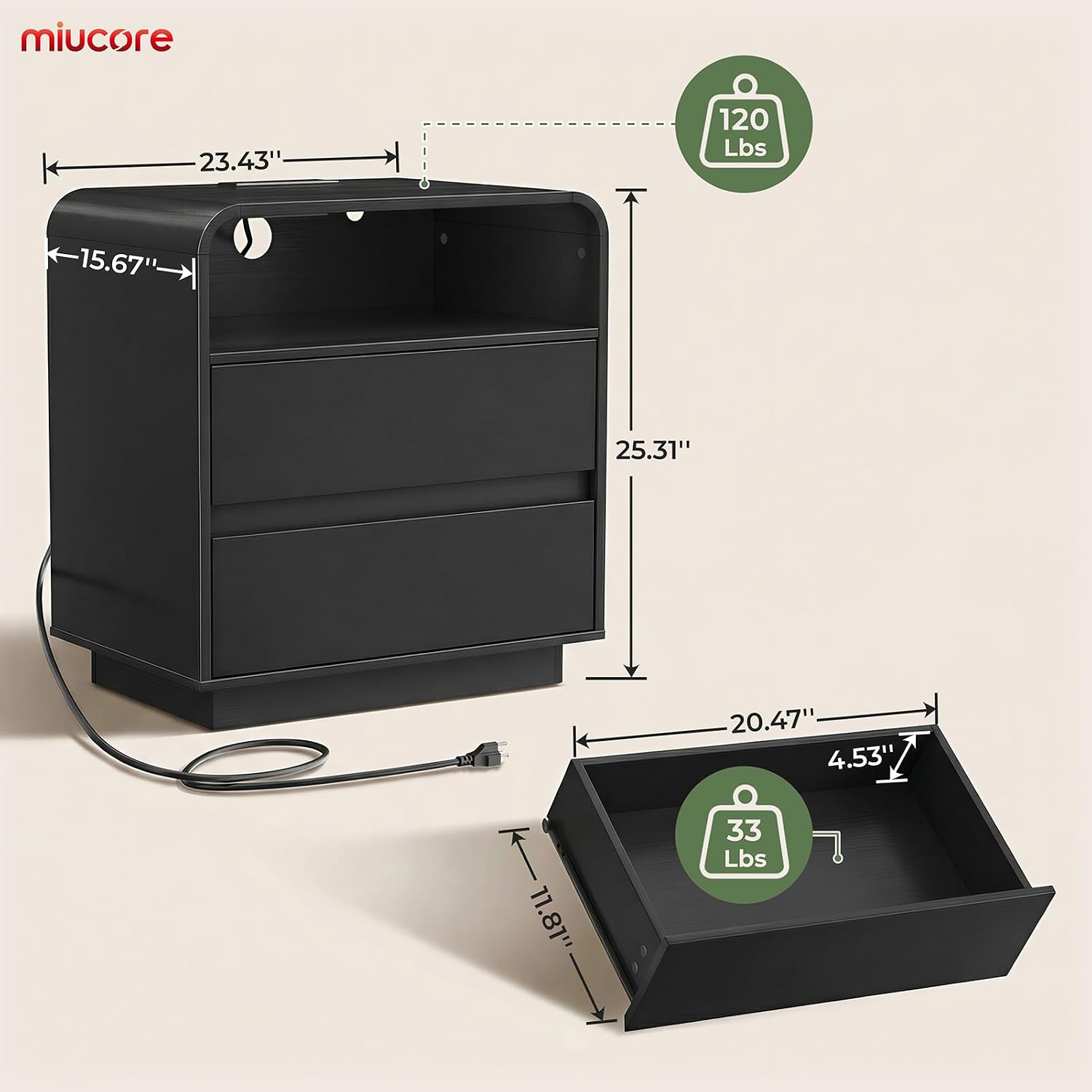 Detalle de Miucore 25" Tall Modern Nightstand with Charging Station, 2 Drawers, Black