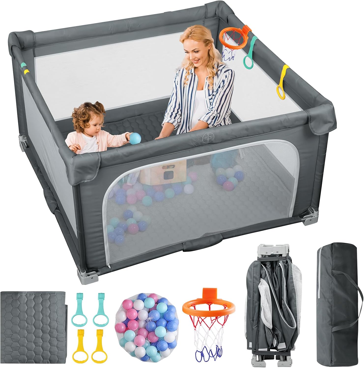 Detalle de eSynic Large Foldable Baby Playpen (150 x 150cm) with Soft Mat, 50 Balls & Basketball Hoop