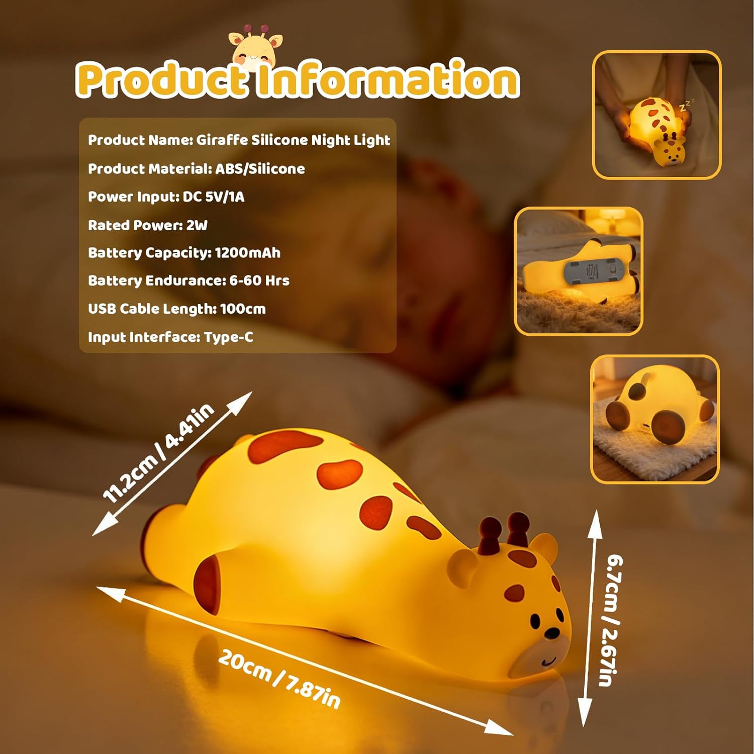 Detalle 2 de Gemmac Giraffe Nachtlicht – dimmbares Silikon-Nachtlicht mit Touch-Steuerung