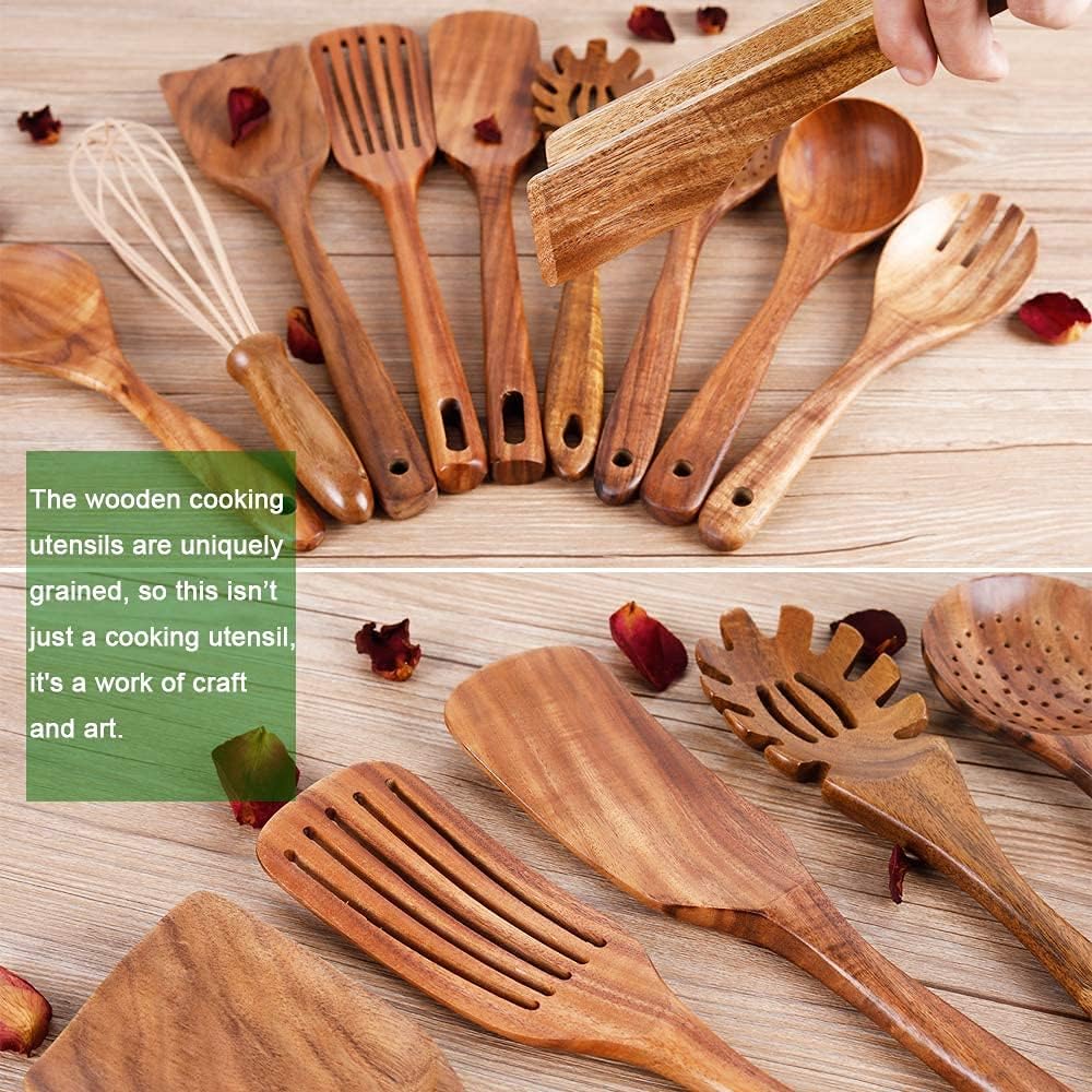Detalle de 10-Pack Teak Wooden Cooking Utensils Set (Wood Spoons, Spatulas, Ladle & More) — Non-Scratch Kitchen Tools
