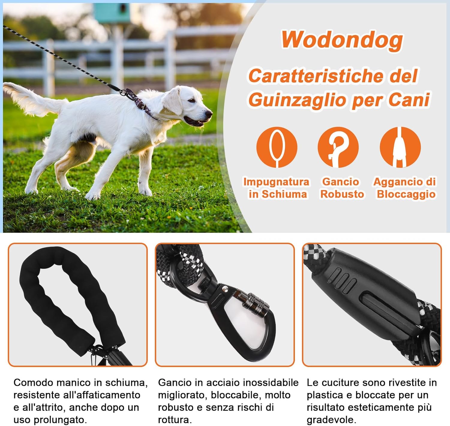 Detalle 2 de Guinzaglio per cani lungo in nylon con impugnatura EVA imbottita e cuciture riflettenti, 1,2–30 m