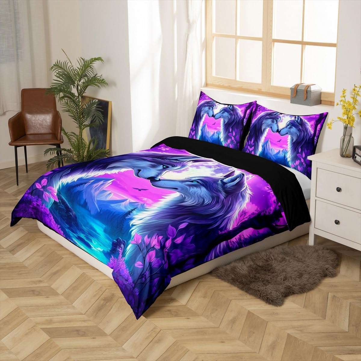 Thumbnail 1 de Homewish Wolf Bettwäsche-Set 135x200 cm lila mit Motiv (Wolf, Mond & Wildtiere)