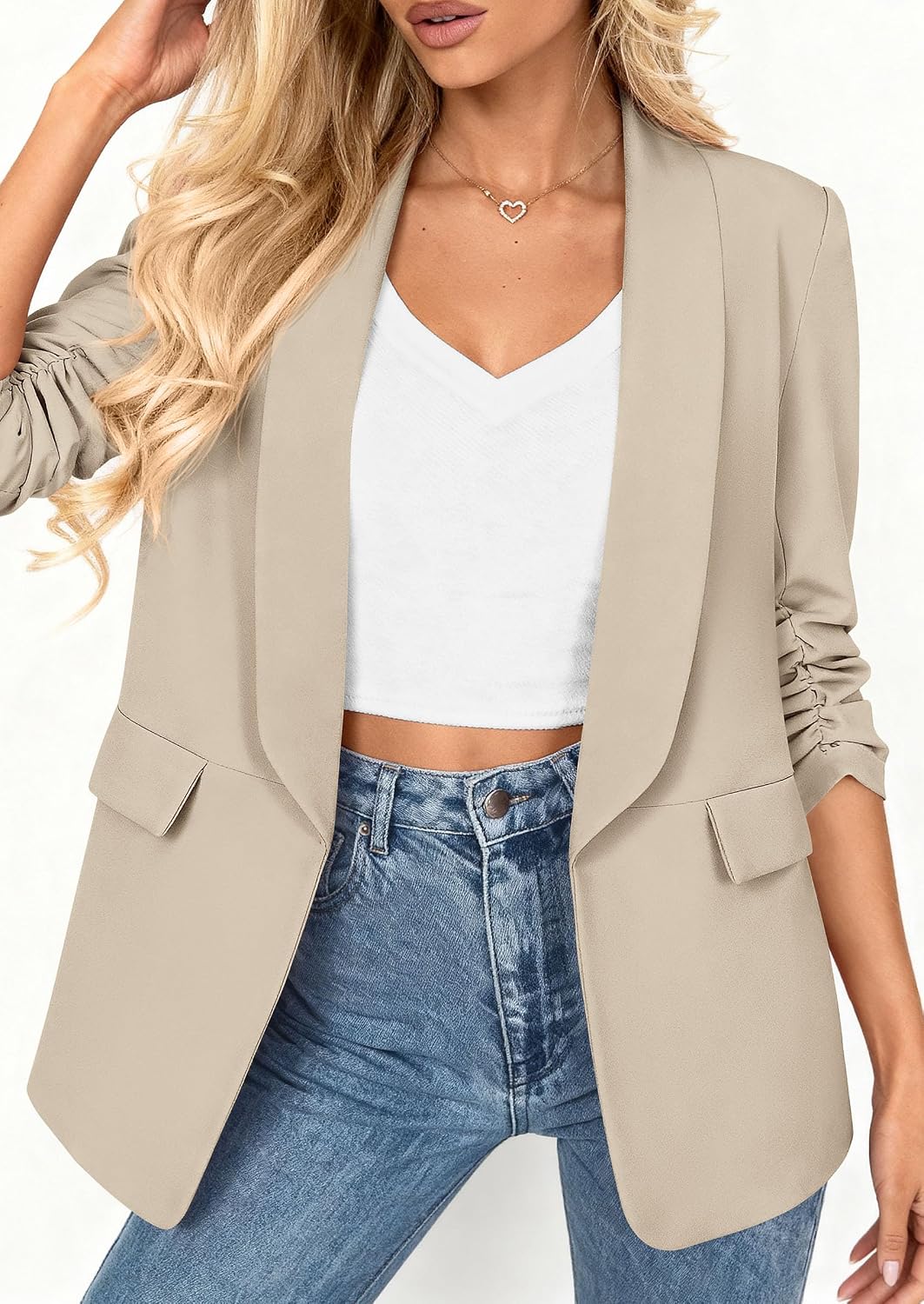 Detalle 1 de PRETTYGARDEN Women's Lightweight Blazer, Ruched 3/4 Sleeves, Shawl Lapel