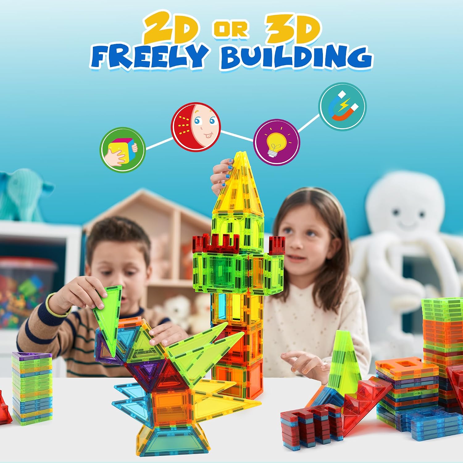 Detalle 2 de W Wise Block Magnetische Bauklötze – 131 Teile mit 2 Autos für Kinder ab 3 Jahren