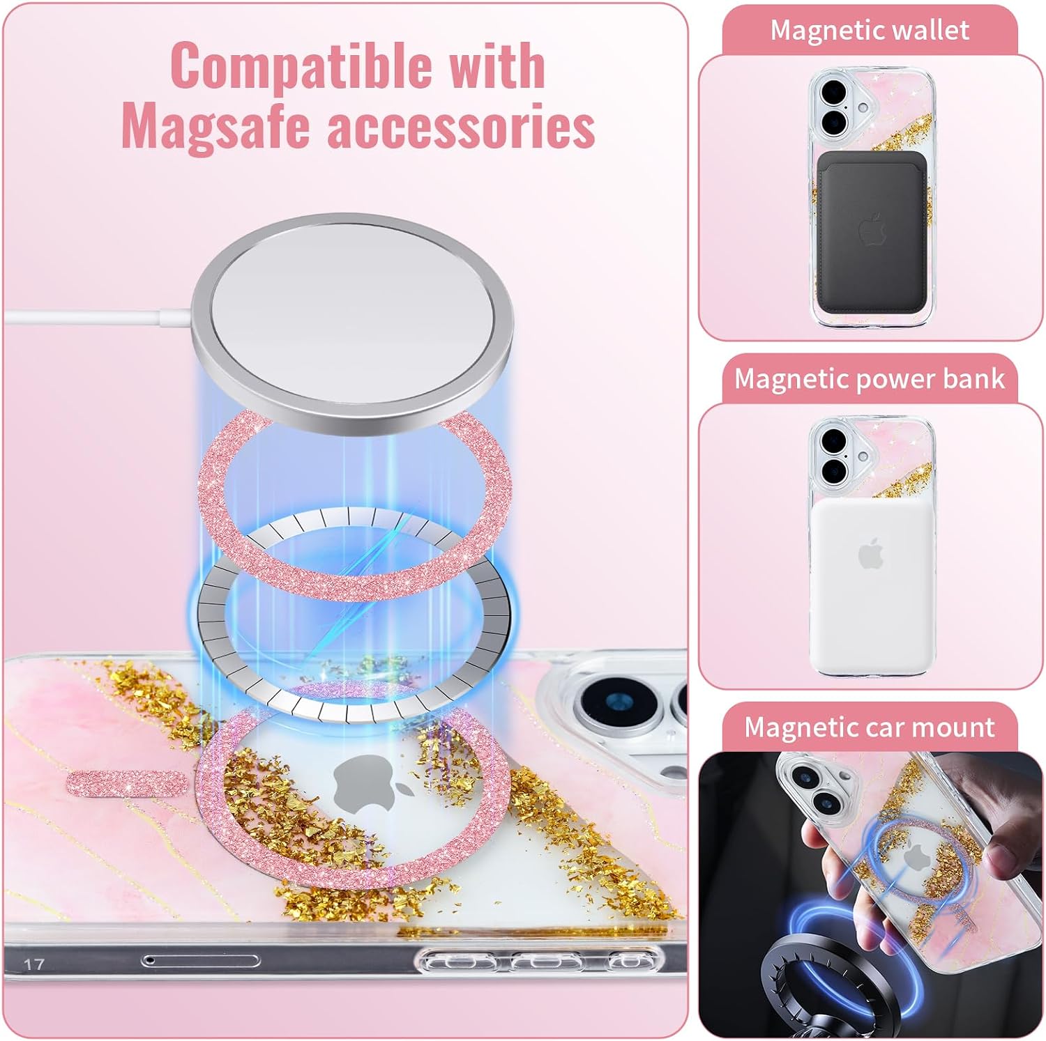 Detalle de Teayoha iPhone 17 Glitter Case with MagSafe Ring, Pink Marble and Gold Foil
