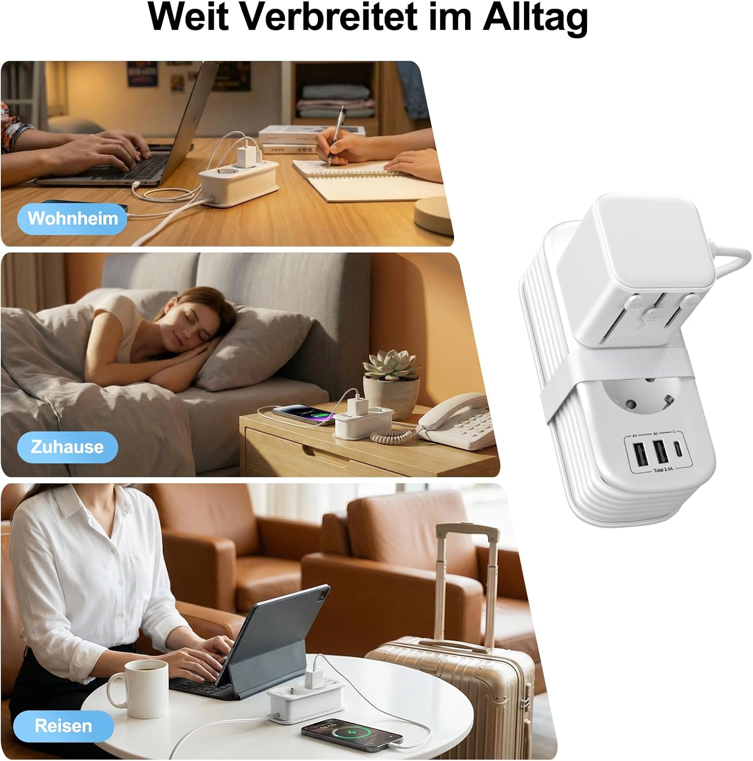 Thumbnail 6 de VYLEE Reiseadapter Weltweit – All-in-One Reisestecker mit 2‑fach Steckdose, 2 USB‑A & 1 USB‑C, 1,5 m Kabel