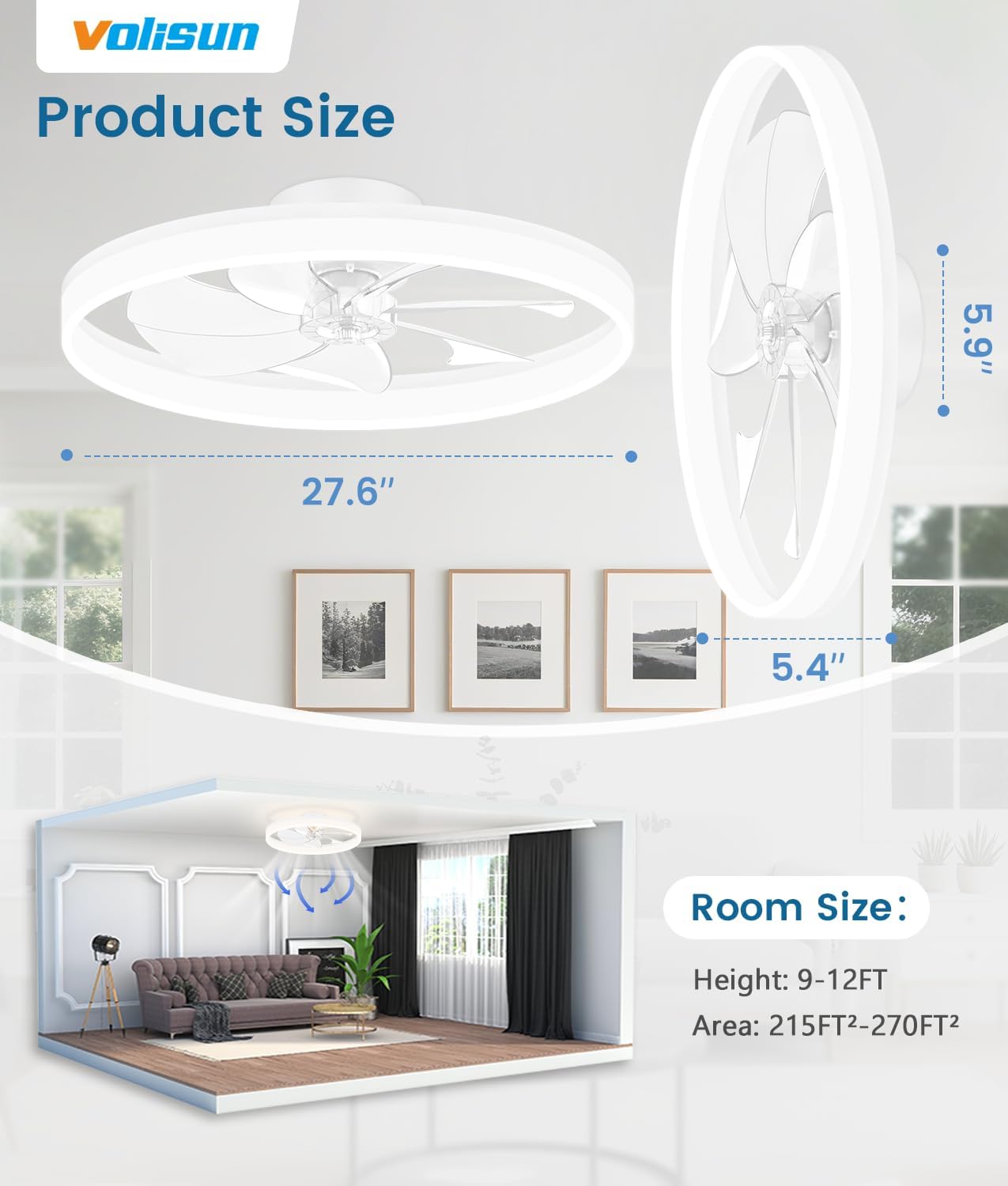 Detalle 1 de VOLISUN 8225C-700 Low-Profile Ceiling Fan with Light, Remote, 6 Speeds