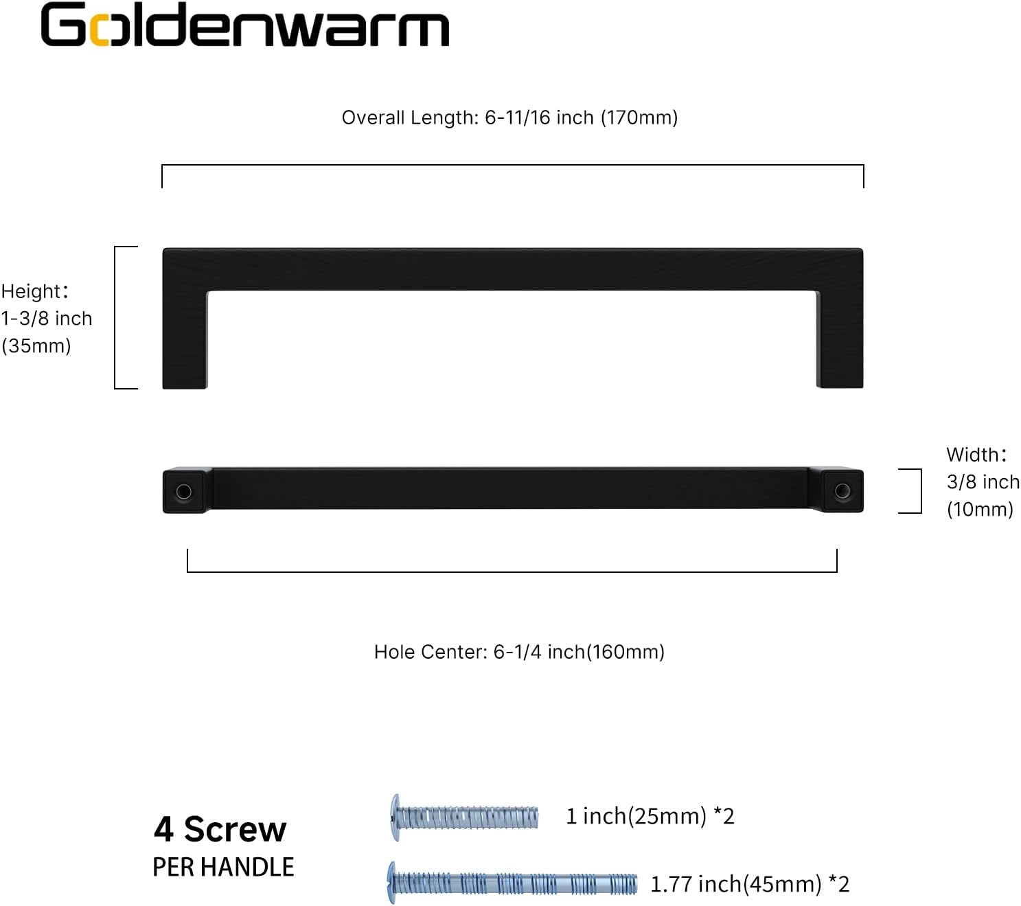 Thumbnail 2 de Goldenwarm 20 Pack Black Square Kitchen Cupboard Handles, 160mm Hole Centres – 170mm Length