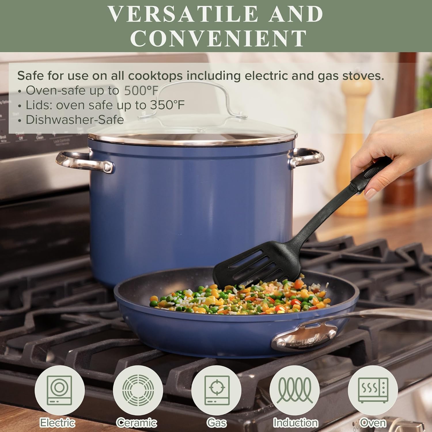 Detalle de Nuwave Healthy Duralon Blue Ceramic Nonstick 12pc Cookware Set (PFAS Free, Diamond-Infused) with Tempered Glass Lids