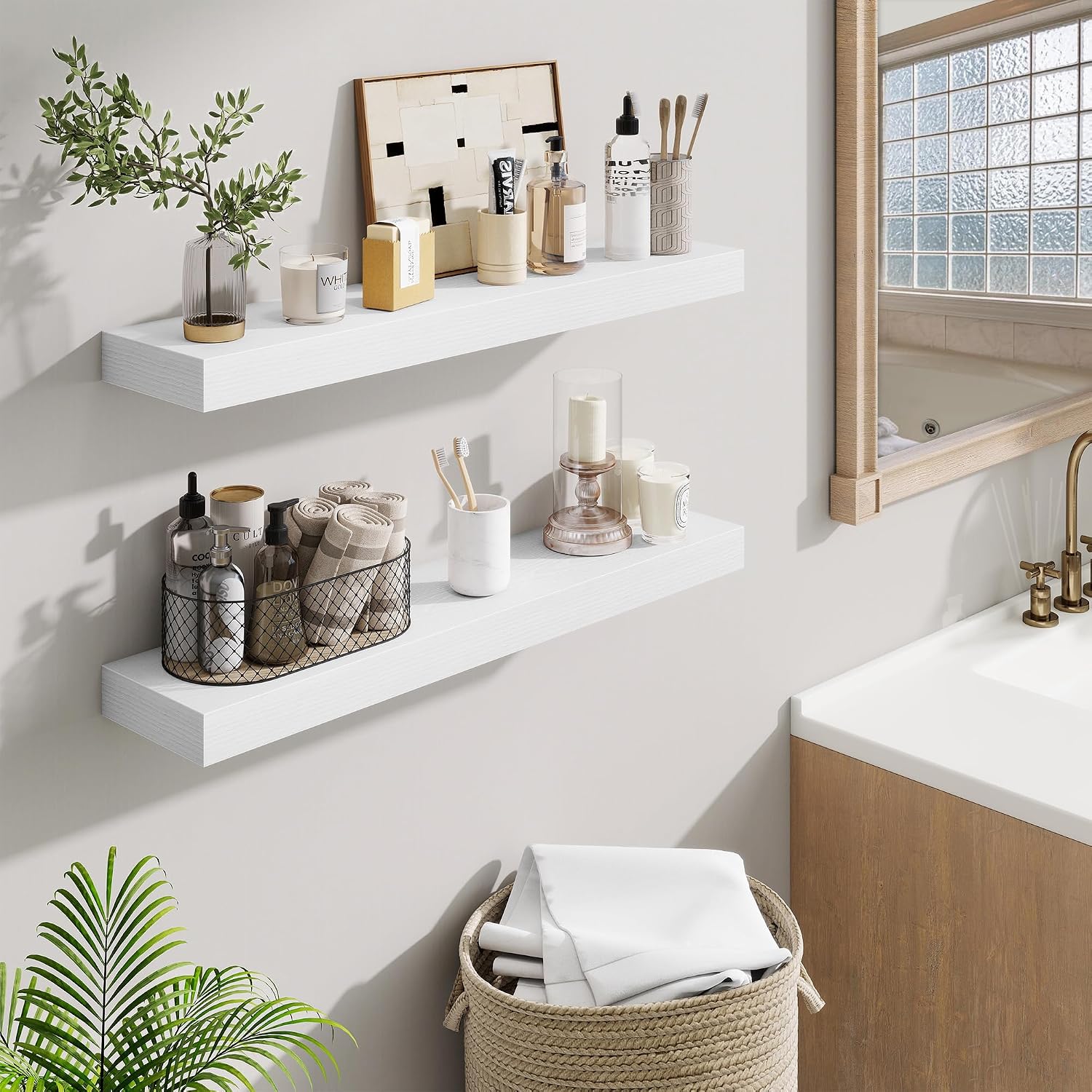 Detalle de Fun Memories Rustic Floating Shelves, 30-Inch White Set of 2