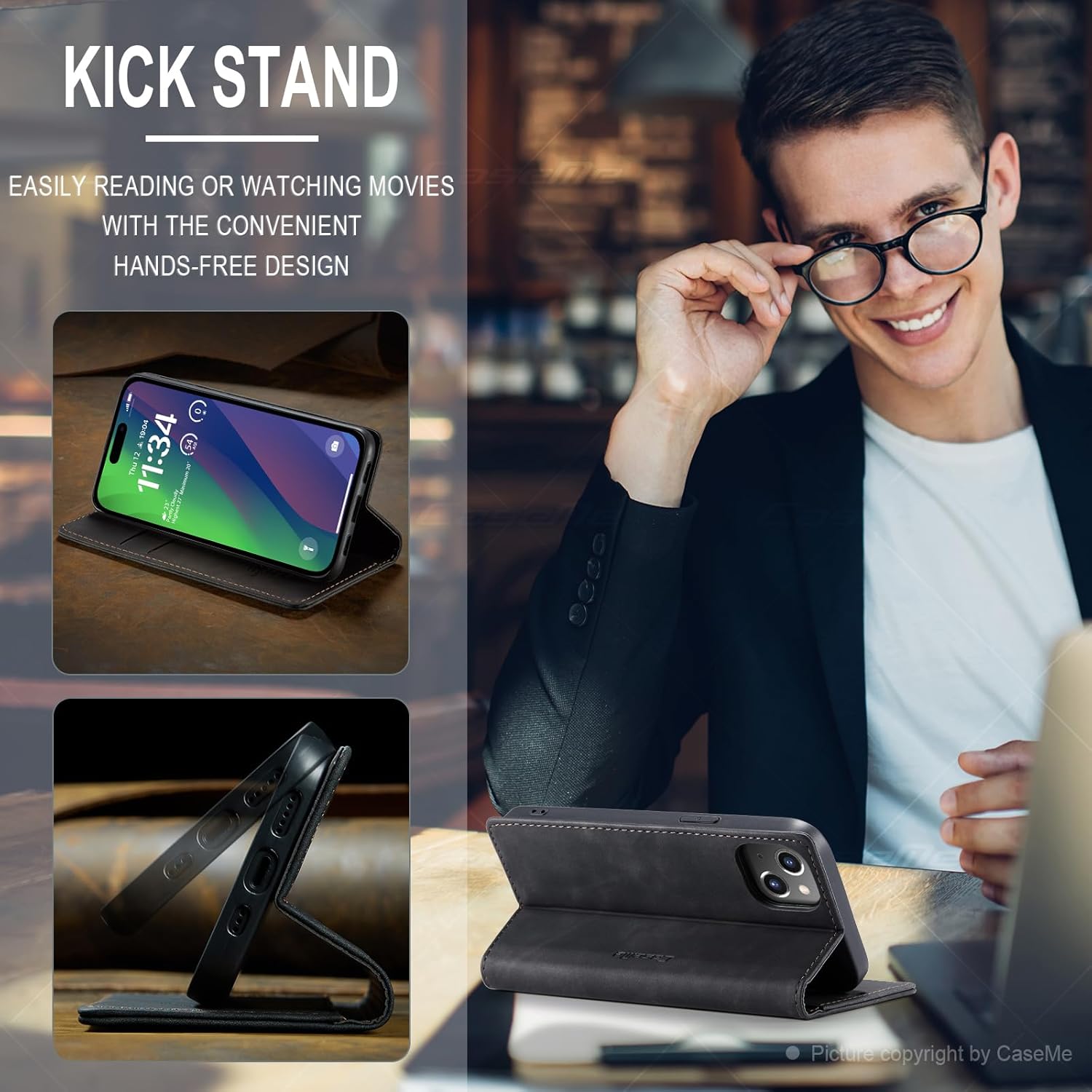 Thumbnail 2 de Lanranwa Klapphülle aus Premium-PU-Leder für iPhone 15 – Schwarz, Standfunktion