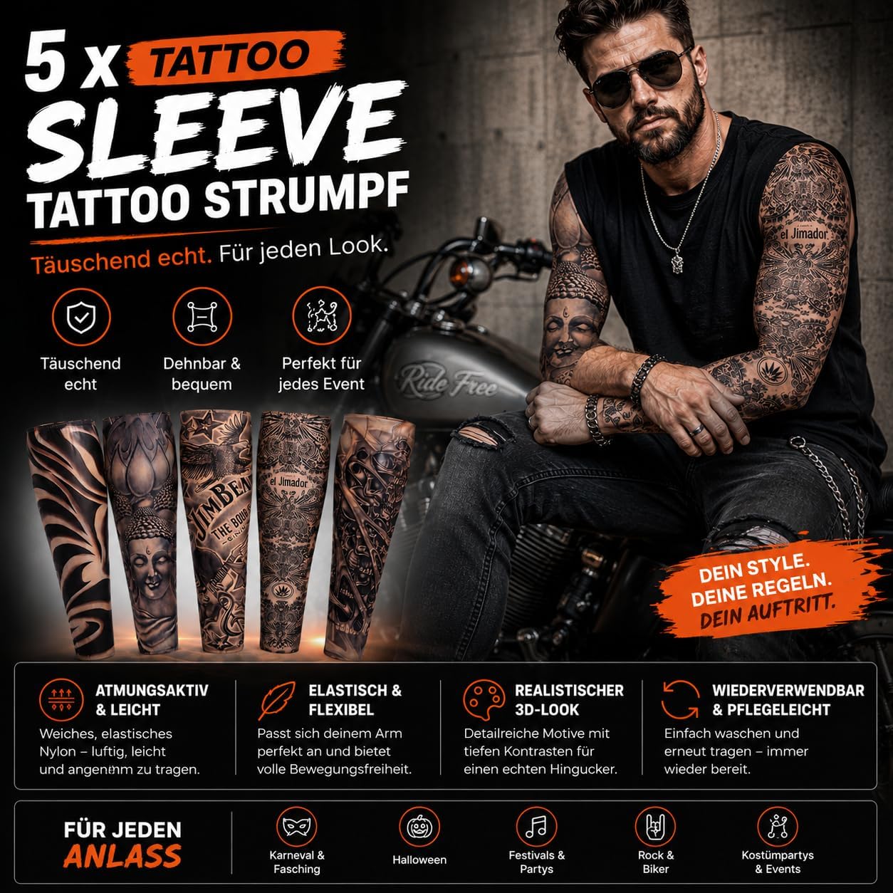 Detalle de Kostimheld® nylonowe rękawy imitujące tatuaże, styl rockera na karnawał i Halloween