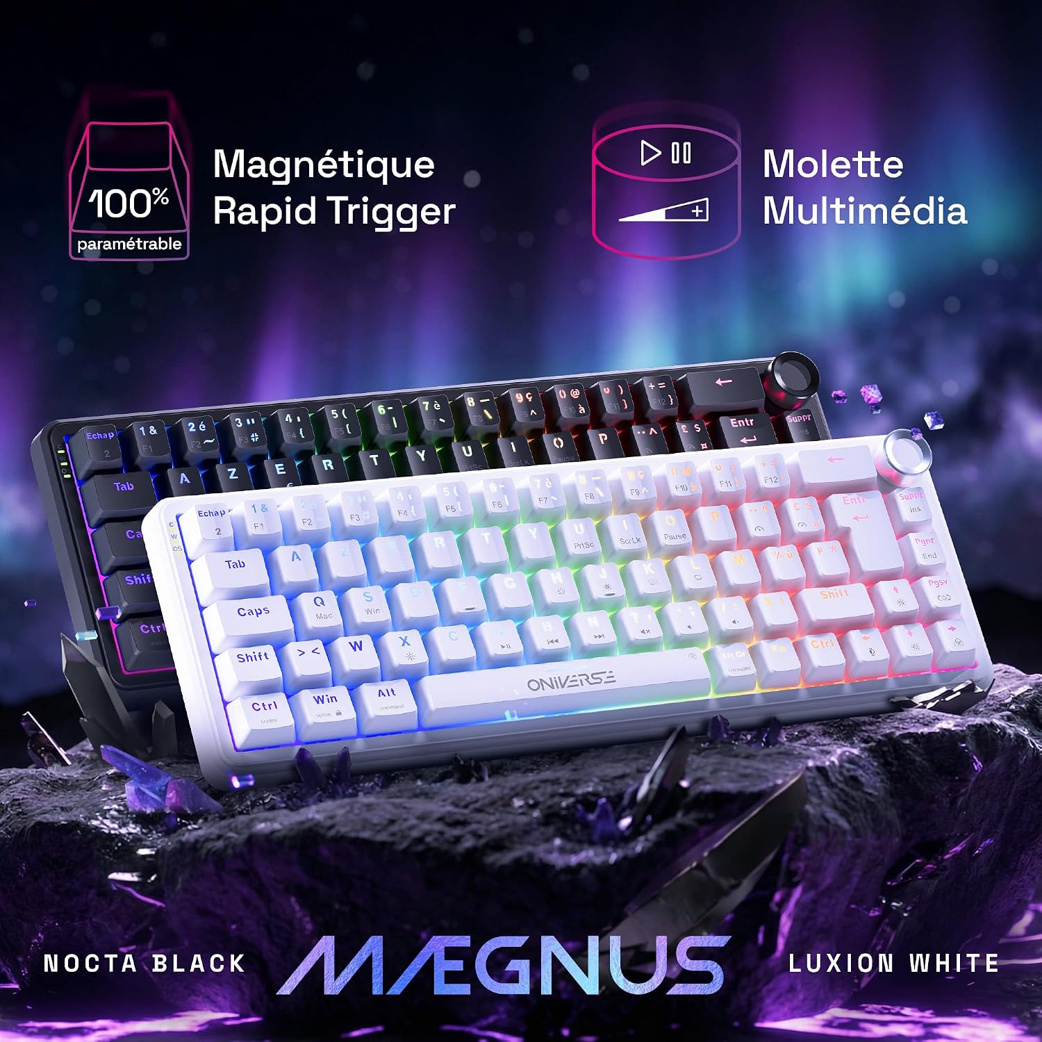 Detalle de Oniverse Maegnus – przewodowa klawiatura gamingowa 65%, Hall Effect, Rapid Trigger, AZERTY