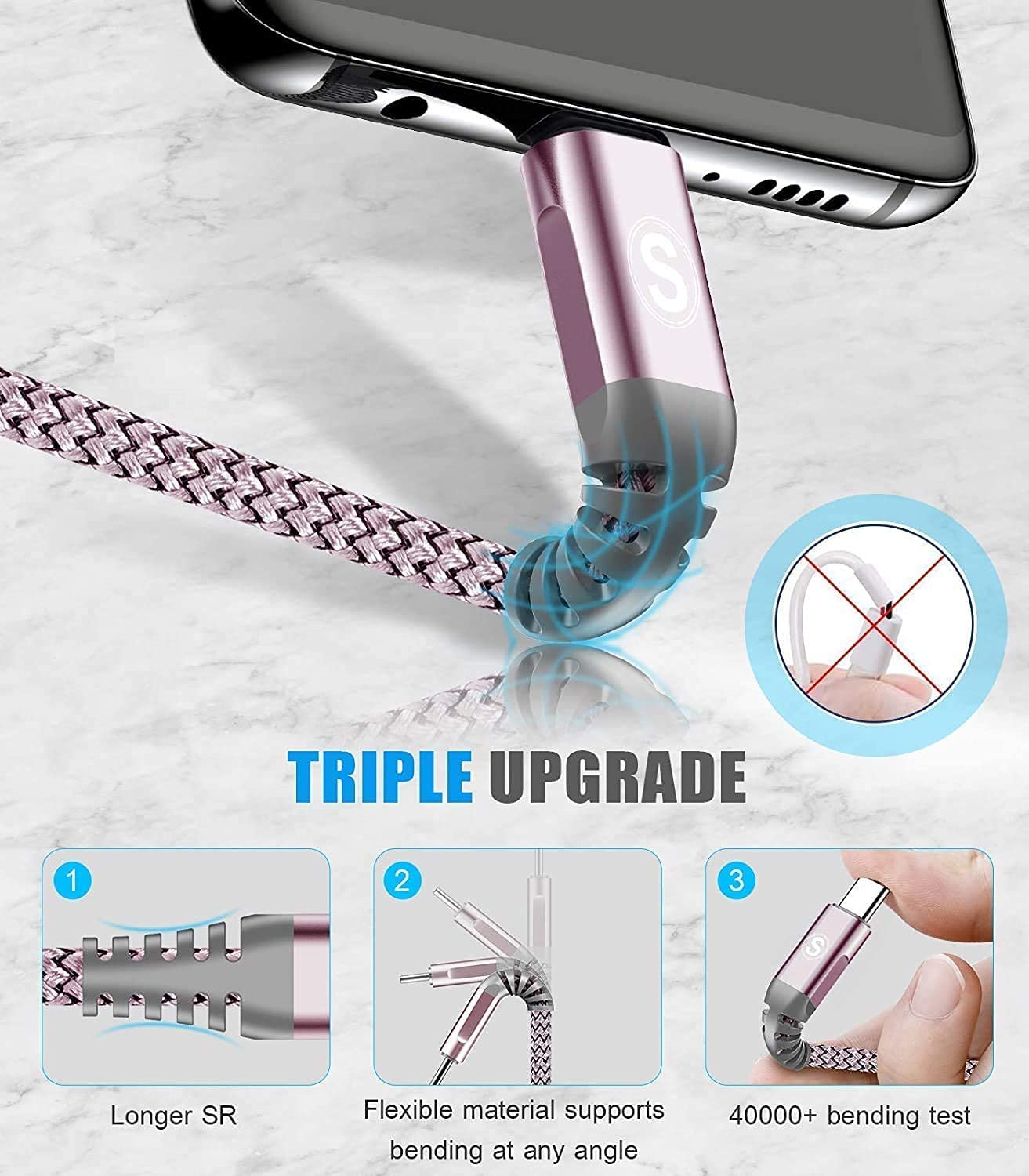 Detalle de sweguard USB-C-kabel, 2 x 1 m, gevlochten nylon, roze
