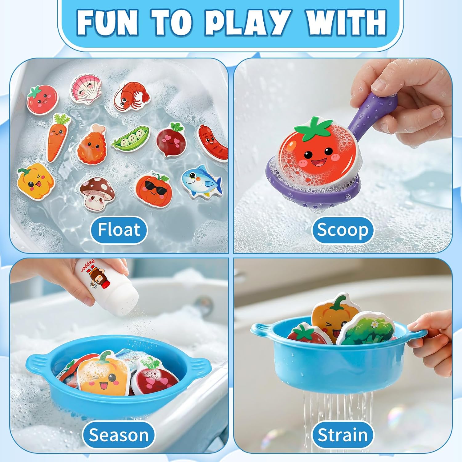 Detalle de Bath Soup Pot & Float Foam Food: Mould-Resistant Bath Toys for Toddlers