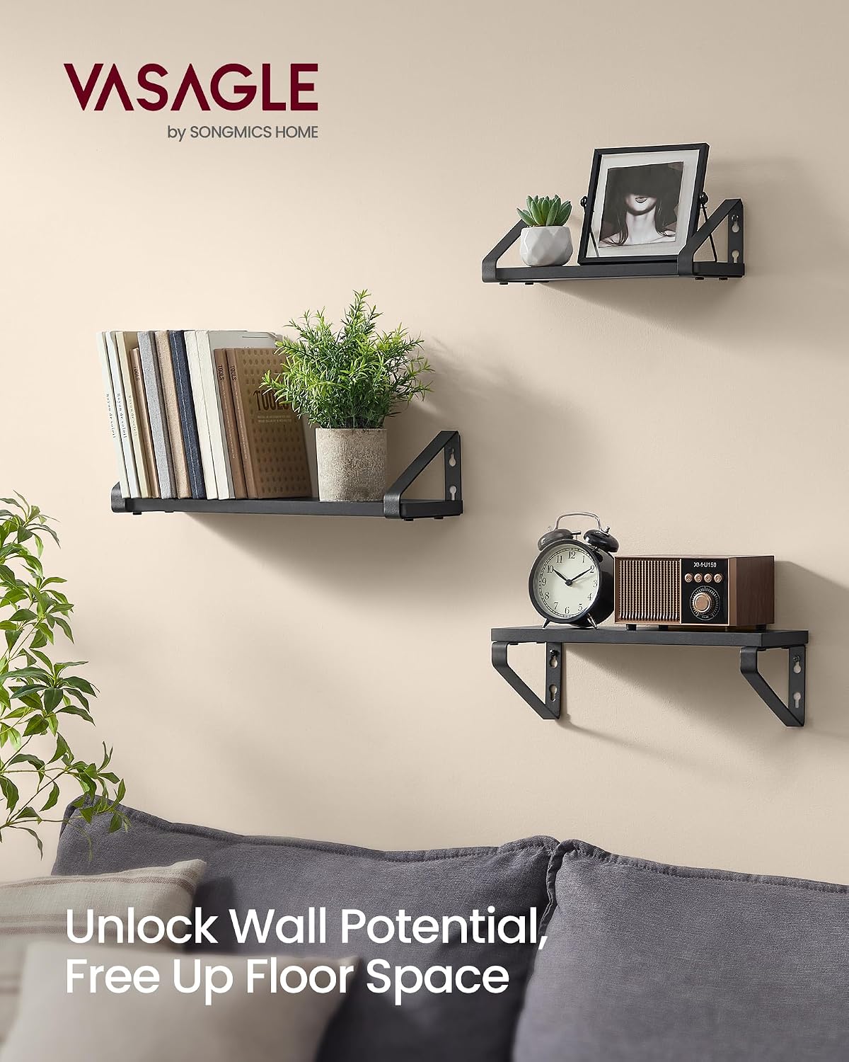 Detalle de VASAGLE LWS033B10 Floating Wall Shelves, Set of 3, 30/35/40 cm, Ink Black