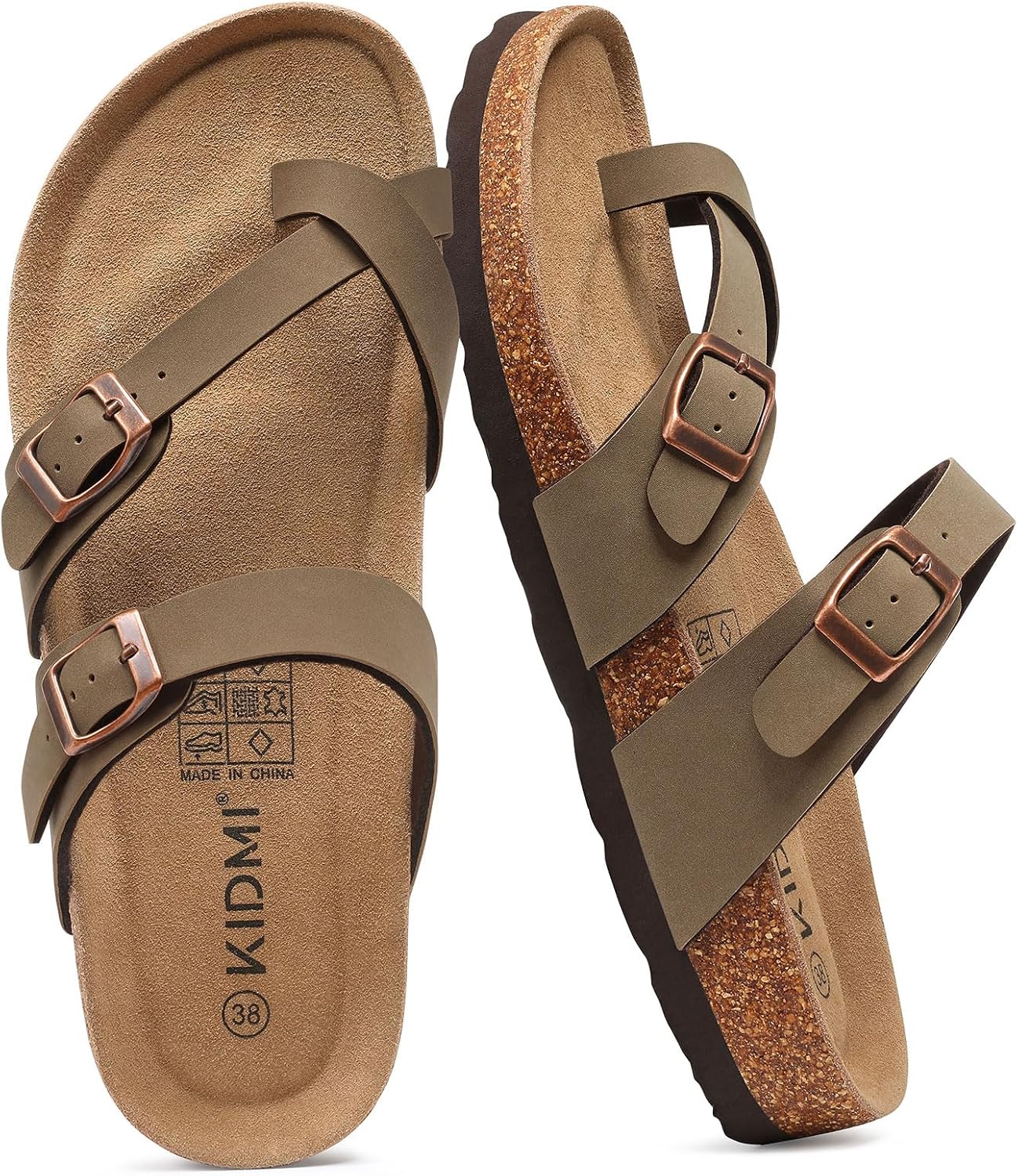 Detalle de KIDMI Women’s Cork Footbed Sandals with Adjustable Buckle — Comfortable Summer Slip-On Slides