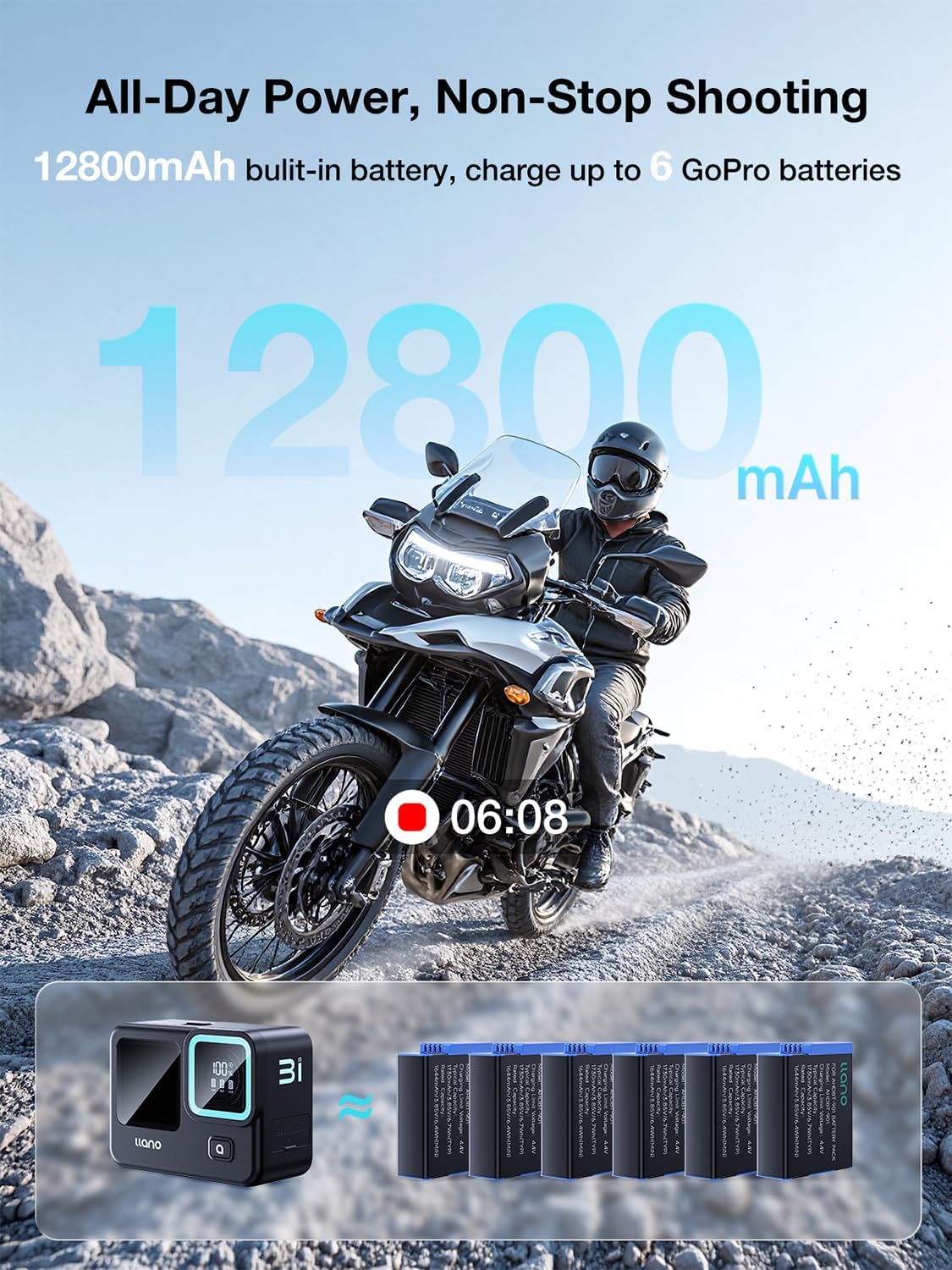 Thumbnail 2 de llano 3-in-1 3-Slot Fast Battery Charger for GoPro Hero 12/11/10/9 with 12800mAh Built-in Pack