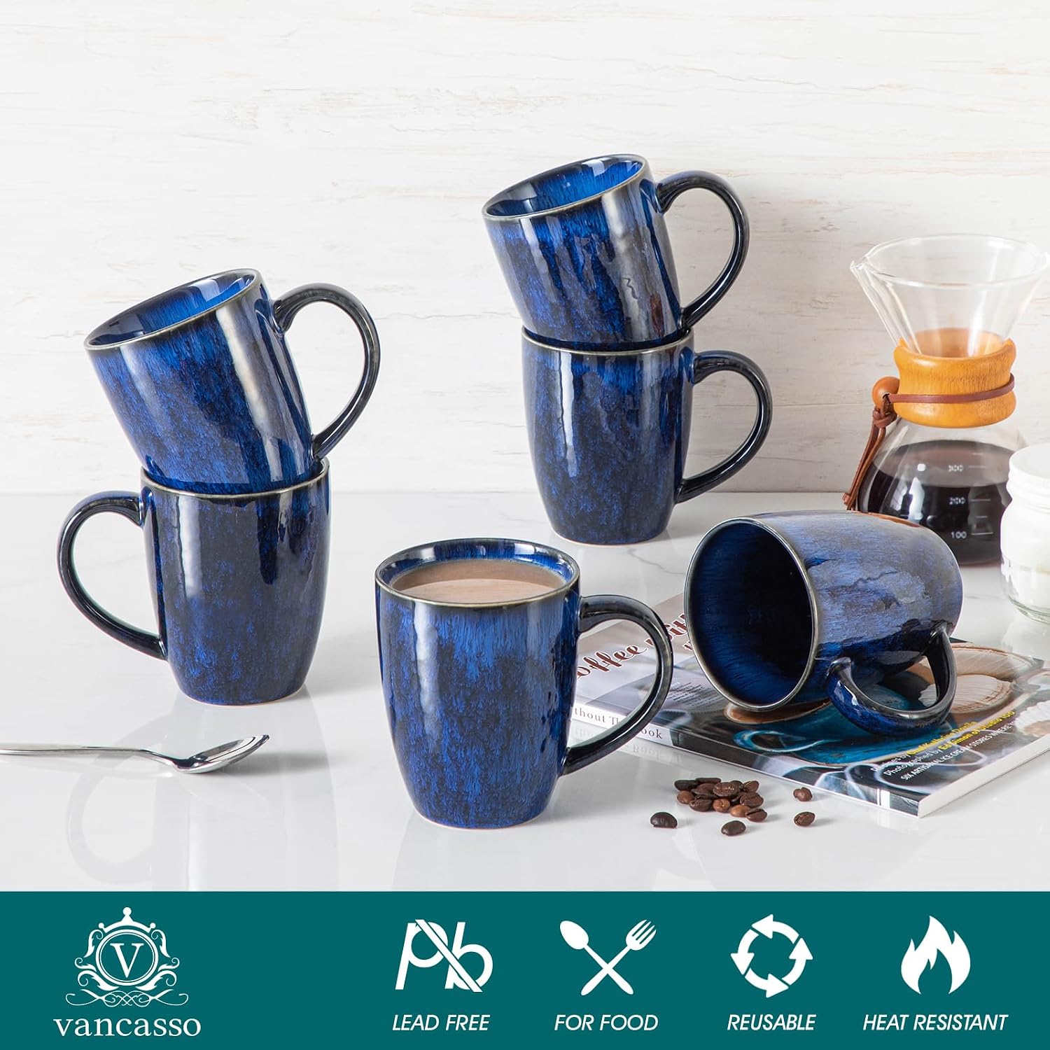 Detalle de Vancasso STARRY 16oz Ceramic Coffee Mug Set (6) in Blue