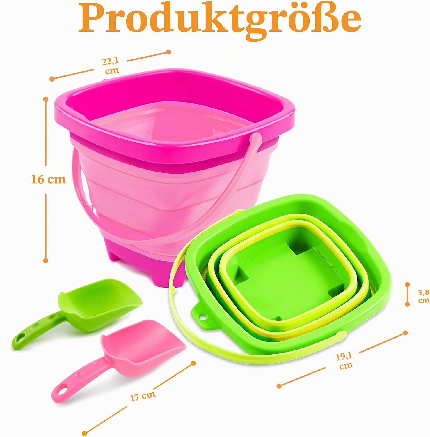 Detalle de Sloosh 3er Pack faltbare Eimer mit Schaufeln – quadratische Sandkasten-Container blau/rosa/grün