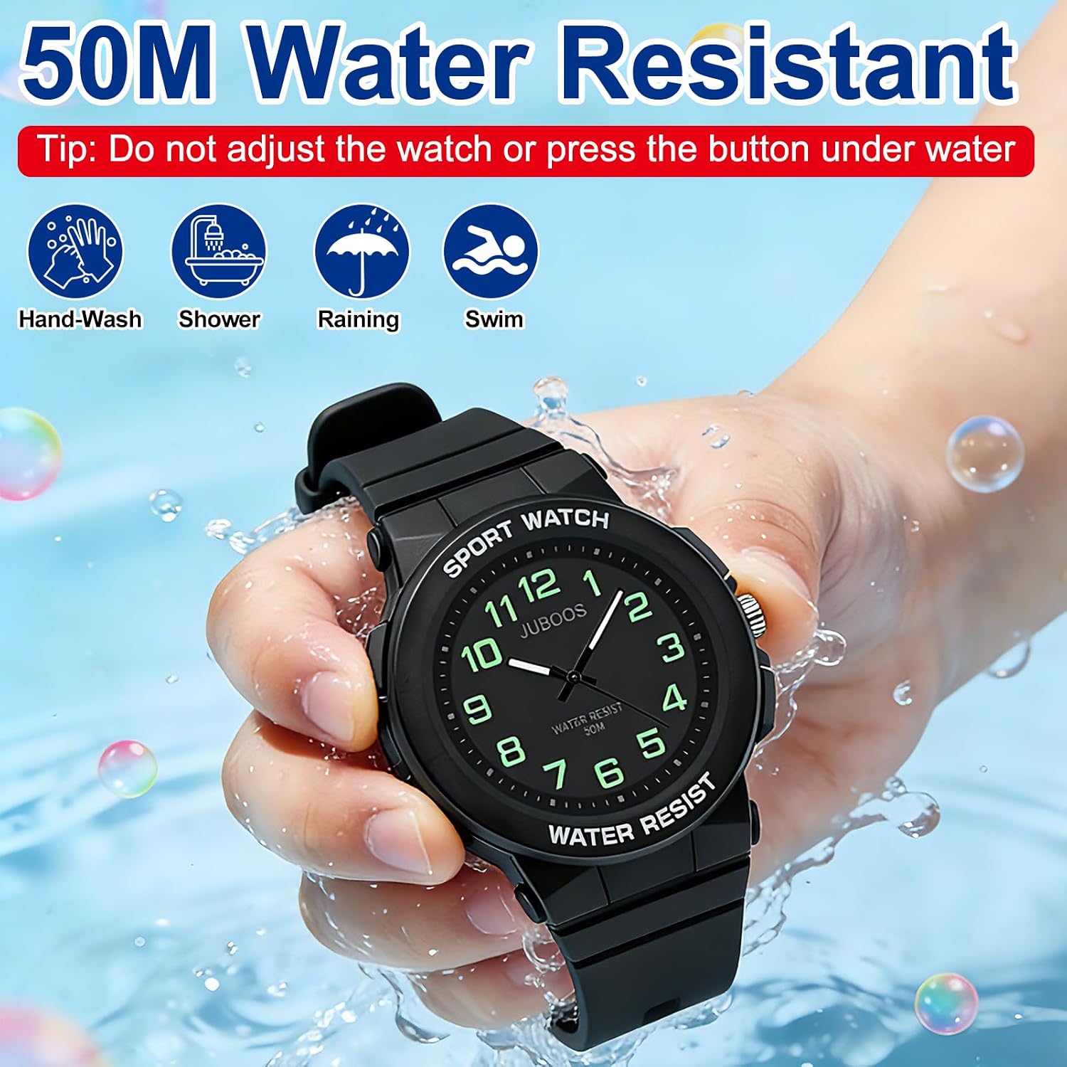 Detalle de Juboos Kinderuhr Analog – 50 m wasserdicht, großes Acrylzifferblatt, beleuchtet, weiches Armband
