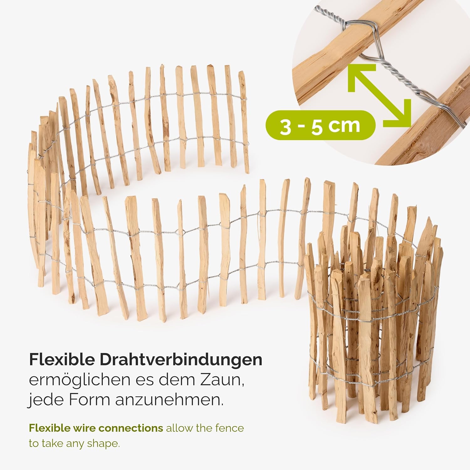 Detalle 2 de Garronda Gartenzaun zum Stecken aus Haselnüsseholz (Lattenabstand: 7–8 cm), 80 x 500 cm – für Beeteinfassung & Grundstücksabgrenzung
