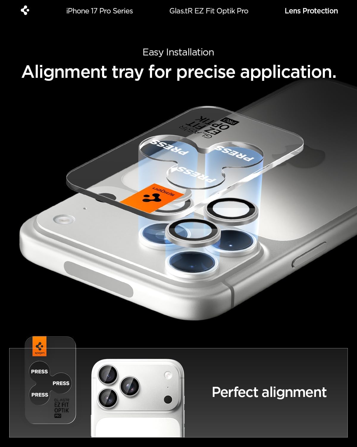 Detalle 2 de Spigen Glas.tR EZ Fit Optik Pro Protection caméra pour iPhone 17 Pro / 17 Pro Max (2 pièces) – argent