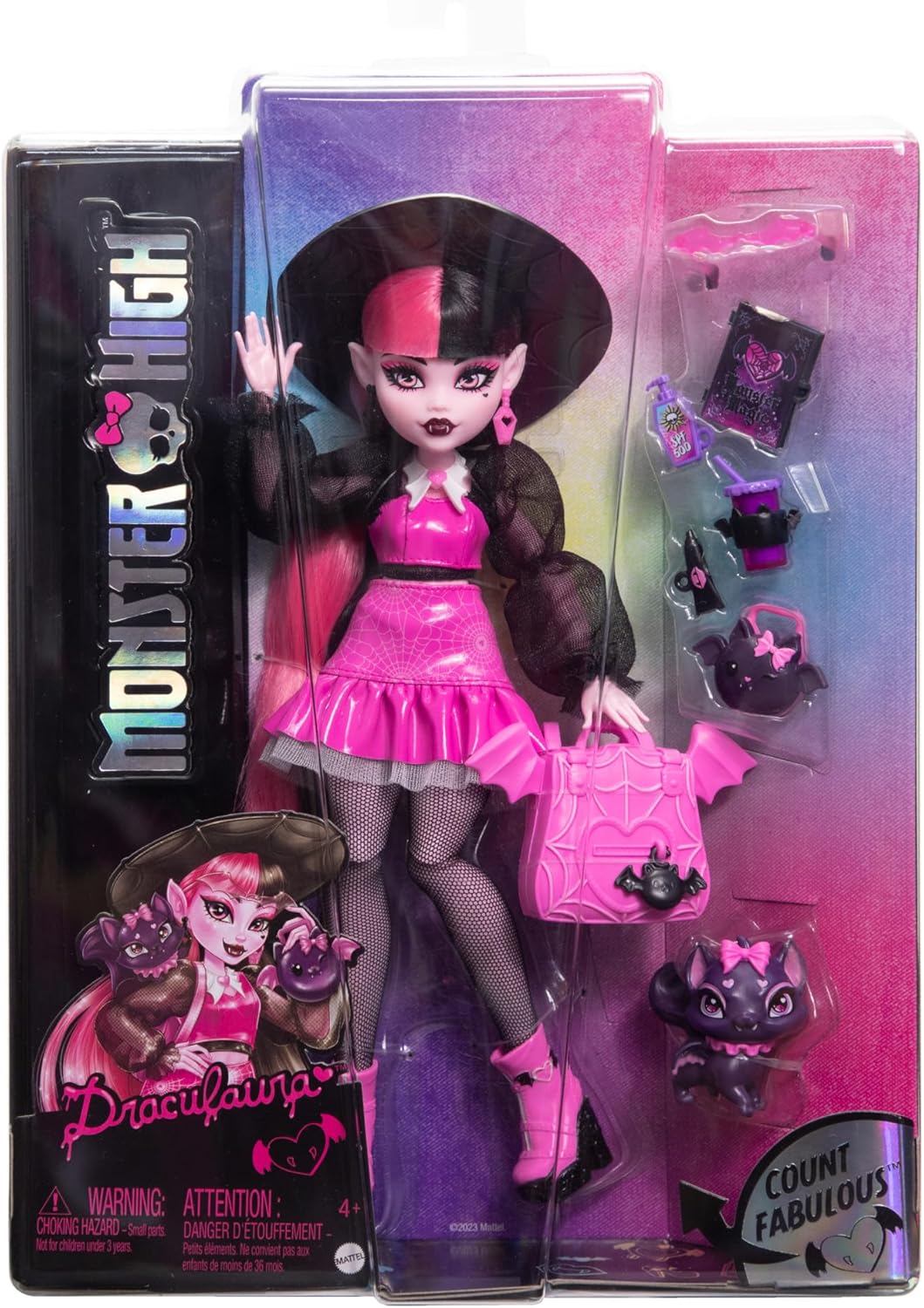 Detalle 2 de Monster High Fabulosa Draculaura con mascota Count Fabulous (Mattel HRP64) muñeca articulada y set de moda con accesorios