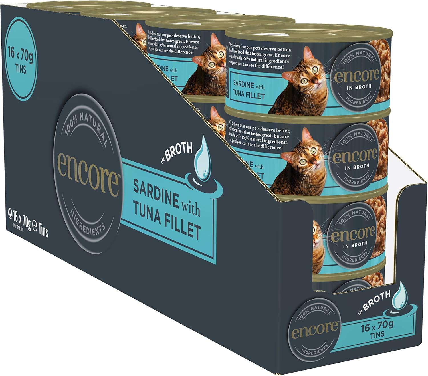 Detalle de Encore Cibo umido naturale per gatti al 100% – Sardine con tonno in brodo, 16 scatole da 70 g