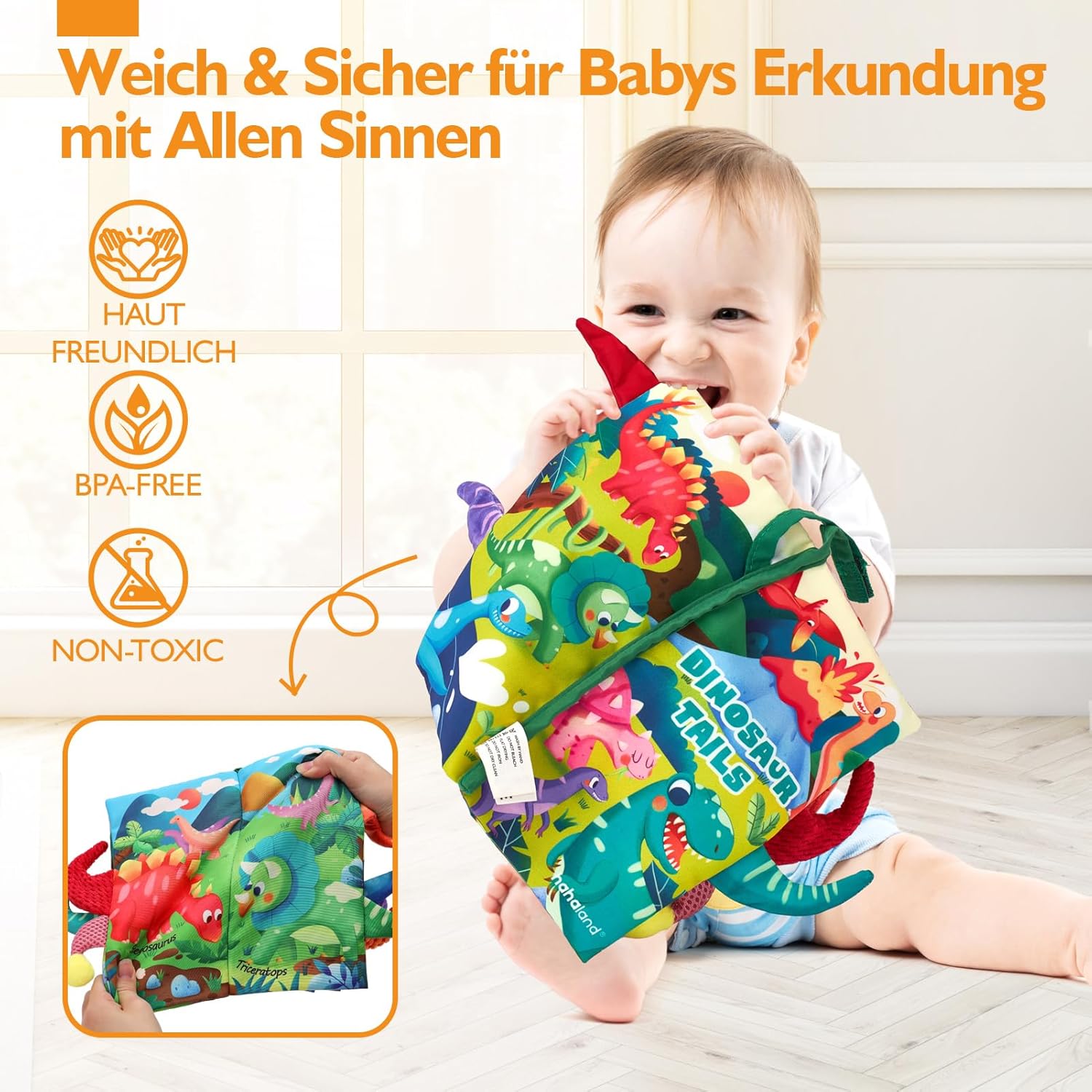 Thumbnail 3 de hahaland Baby Spielzeug 0–6 Monate Dinosaurier: sensorisches Stoffbuch mit Schwanz, Knister- und Quiet-Effekten