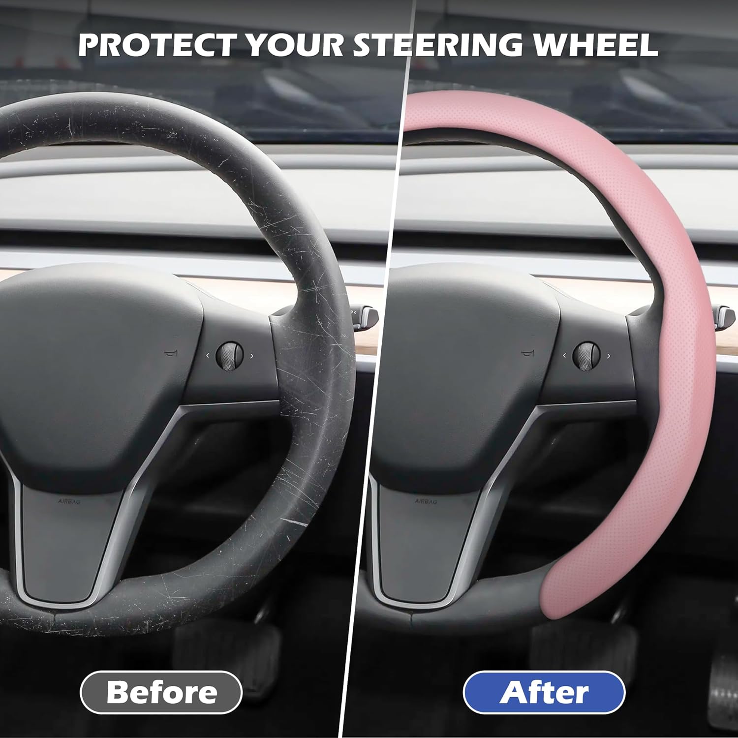 Detalle 2 de Frani Nappa Leather Steering Wheel Cover (Universal 15 Inch) – Light Pink Anti-Slip Comfort Grip