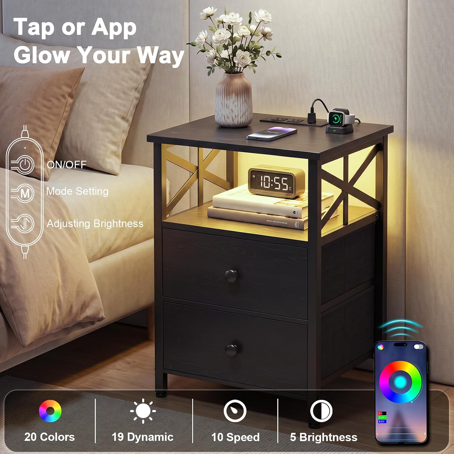 Thumbnail 4 de AMHANCIBLE HET052 LED Nightstand Set of 2 with Charging Station