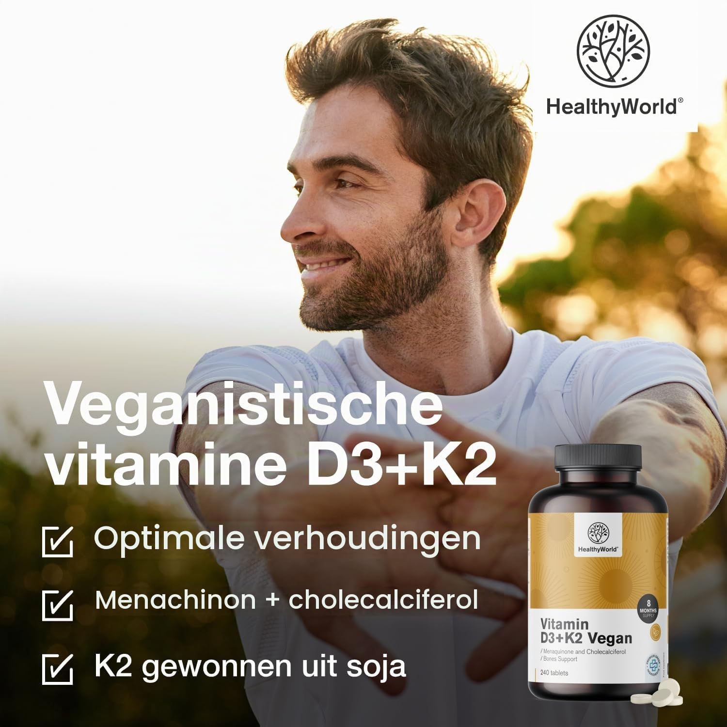Detalle de HealthyWorld Vitamine D3+K2, 240 vegan tabletten met D3 en K2
