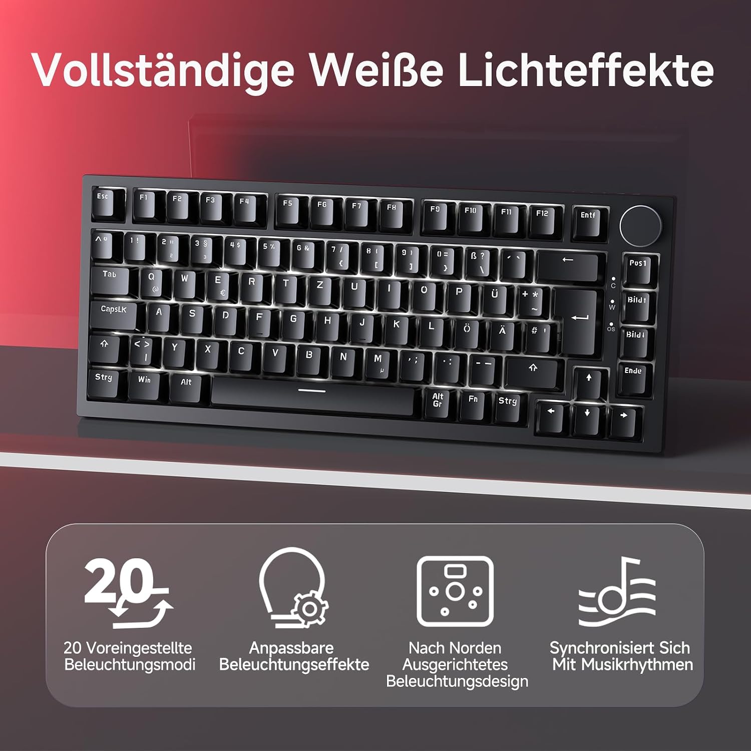 Detalle 2 de AJAZZ AK820 75% mechanische Tastatur mit Hot-Swap, German QWERTZ, PBT-Tastenkappen, Lautstärkeregler und Klangdämpfung