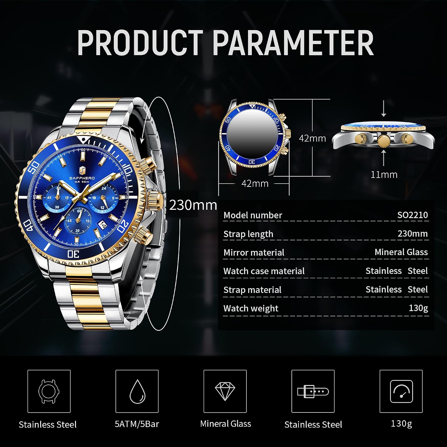 Thumbnail 4 de SAPPHERO Reloj hombre cronógrafo 42 mm