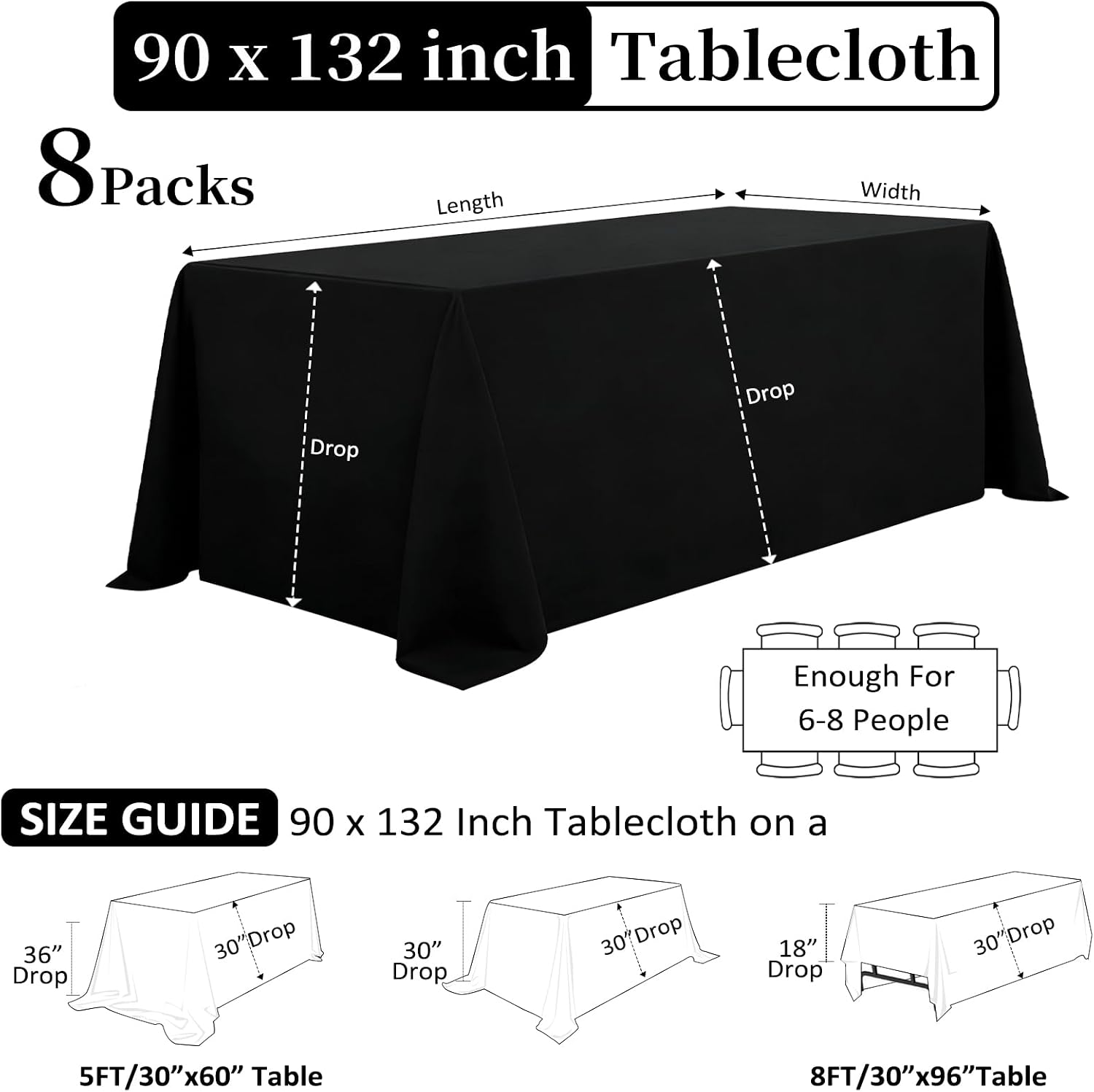 Detalle de Heneger 8 Pack Black Tablecloths — 90 x 132 Inch Rectangular, Wrinkle-Resistant Polyester