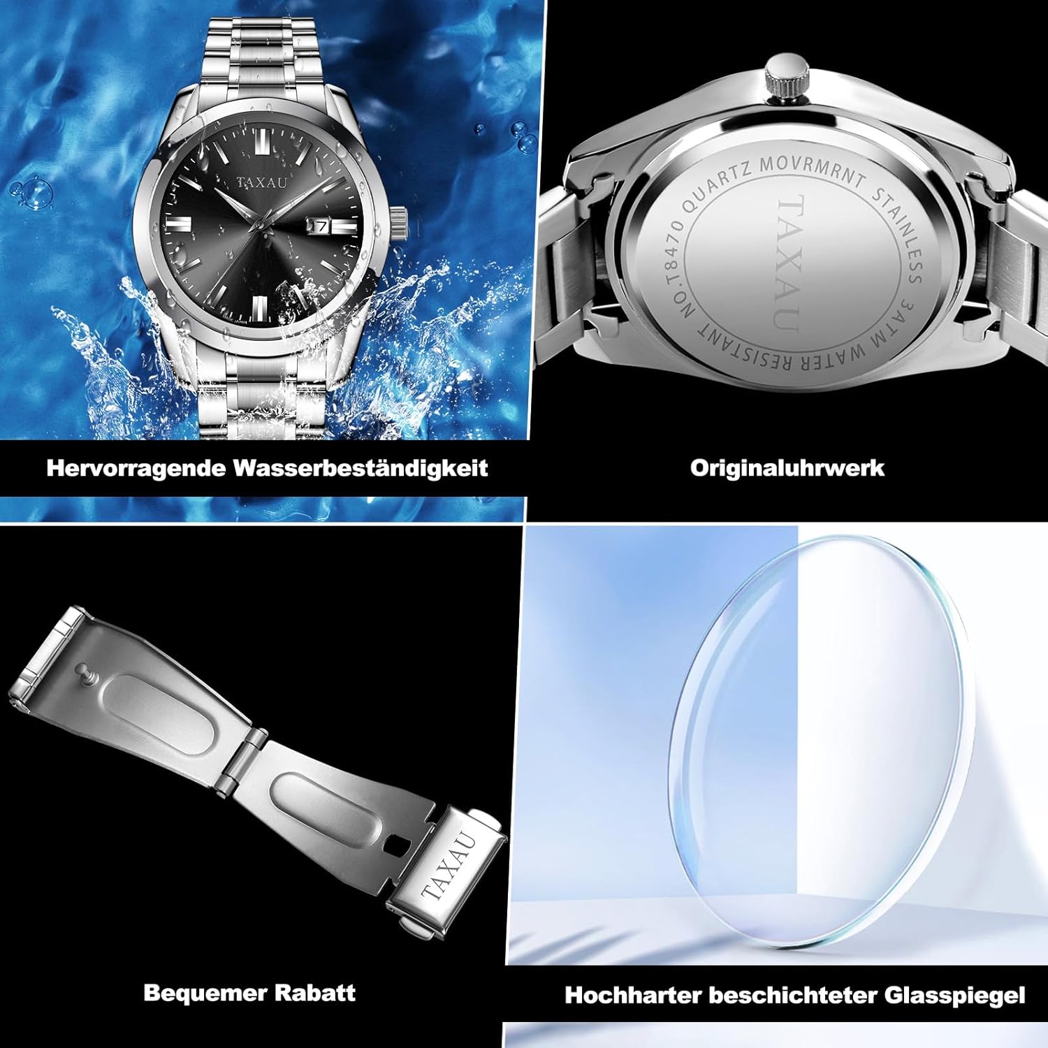 Thumbnail 4 de Taxau Herrenuhr aus Edelstahl mit schwarzem Zifferblatt, Datumsfenster & 3-ATM-Wasserschutz