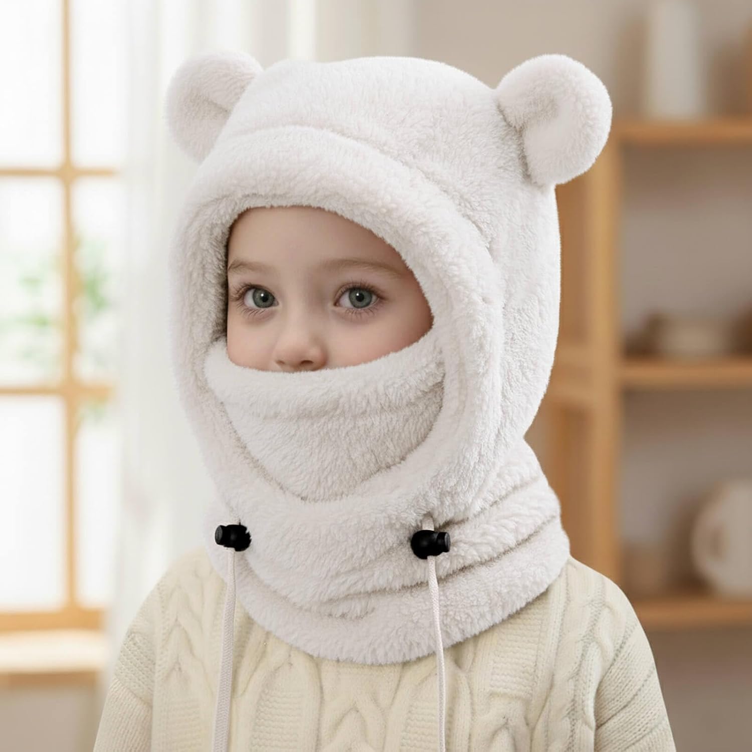 Detalle de DRESHOW Kids' Thermal Fleece Balaclava with Fluffy Ears: Windproof Winter Hood for Ages 3–10