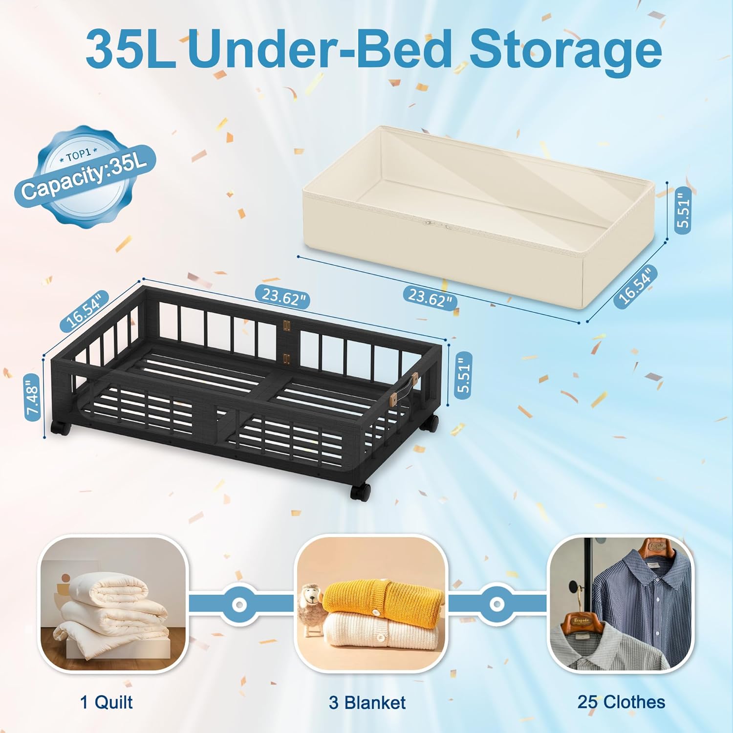 Thumbnail 2 de efluky 2-Pack Bamboo Under Bed Storage, Rolling 2