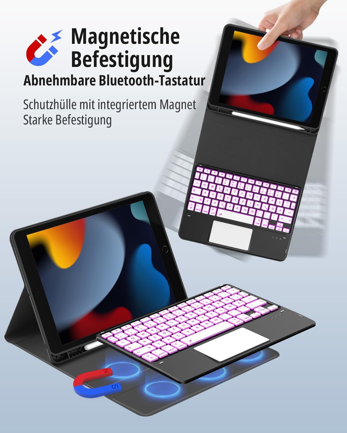 Thumbnail 4 de CACOE Hülle Tastatur für iPad 9. Generation – 10,2 Zoll mit Touchpad, kabellos, abnehmbar, 7-Farbige Beleuchtung