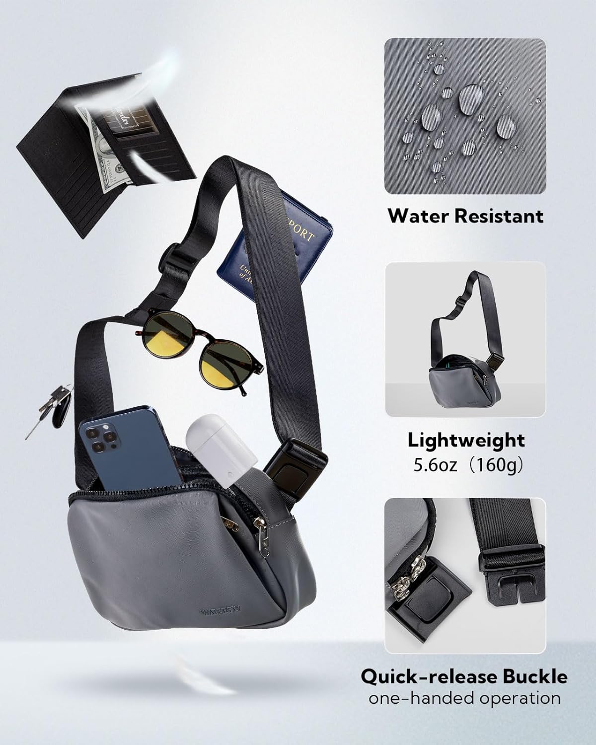 Thumbnail 3 de Waterfly Bum Bag Women Men: Dark Grey – Lightweight, Water-Resistant Hip Pack for Travel, Festival and Everyday Use