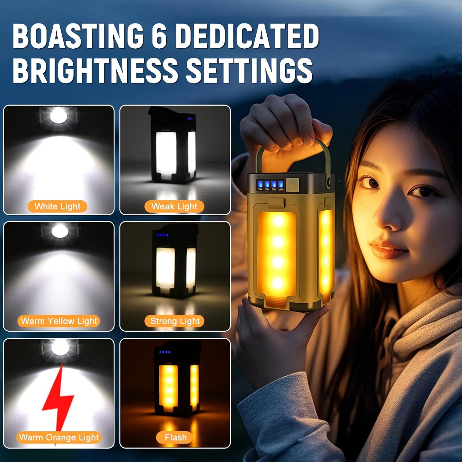 Detalle 2 de Solar Camping Lights Rechargeable 2000 mAh LED Lantern with 6 Modes