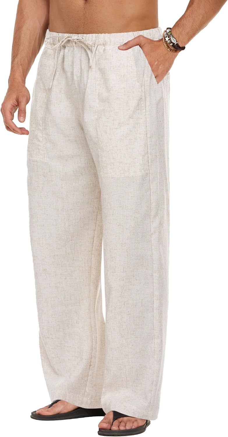 Detalle de COOFANDY Men’s Linen Pant Elastic Waist Drawstring Summer Beach Pants
