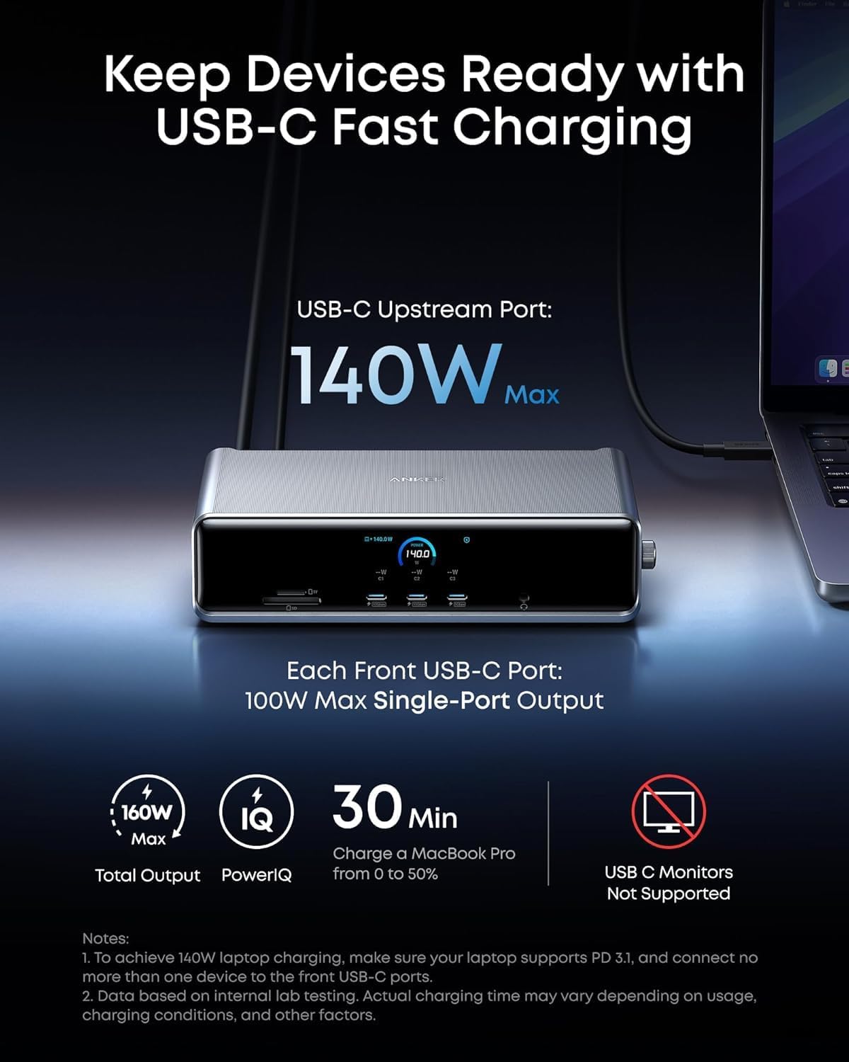 Detalle de Anker Prime Docking Station DL7400, 14-in-1 Triple Display Dock, 140W