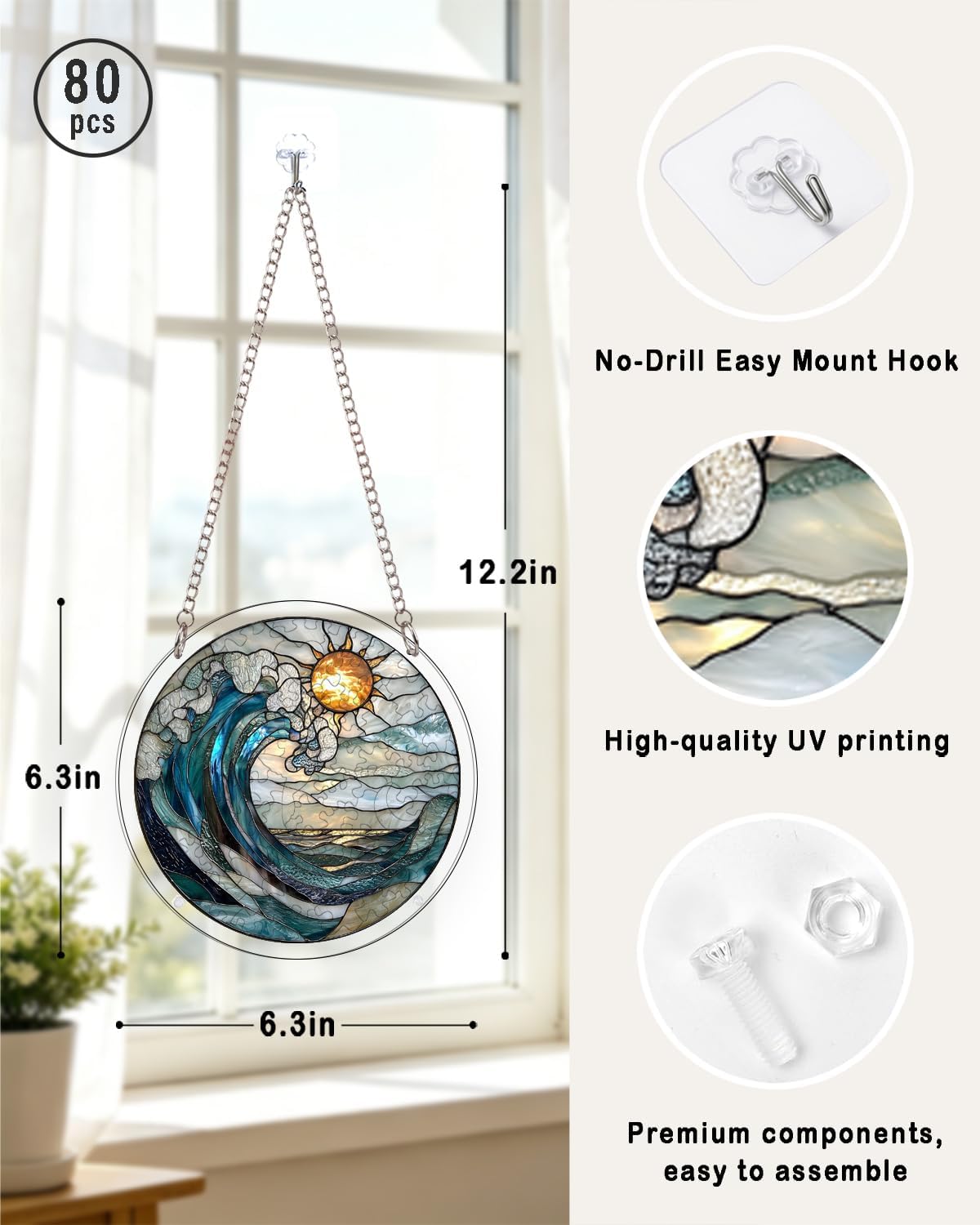 Detalle de HWRHTR Ocean Wave Sun Acrylic Puzzle Suncatcher, 80 Pieces, 6.3-Inch