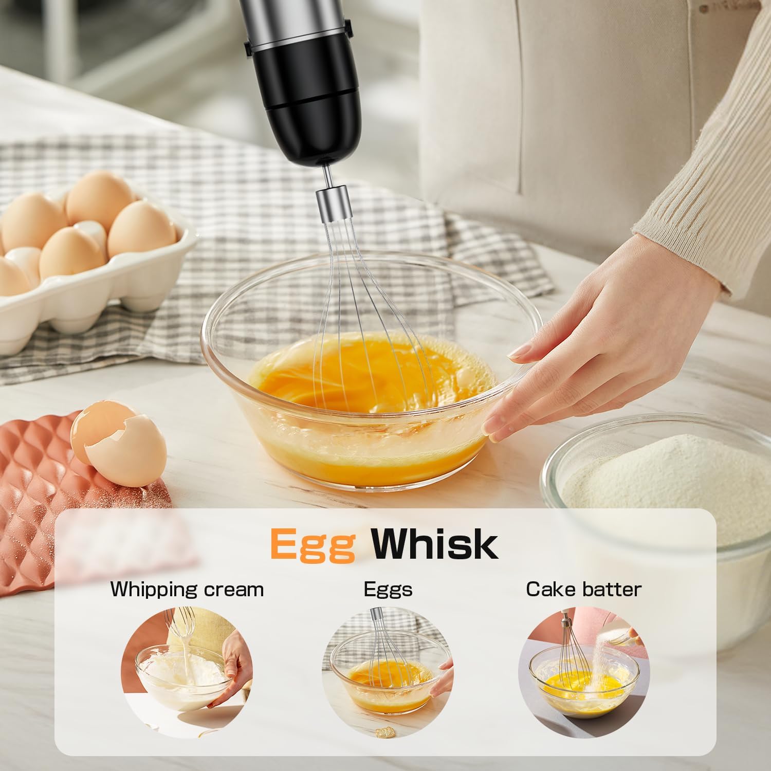 Detalle de Turelar Immersion Blender Handheld 1100W – 3-in-1 Set with Trigger Speed Control, Whisk, and Milk Frother