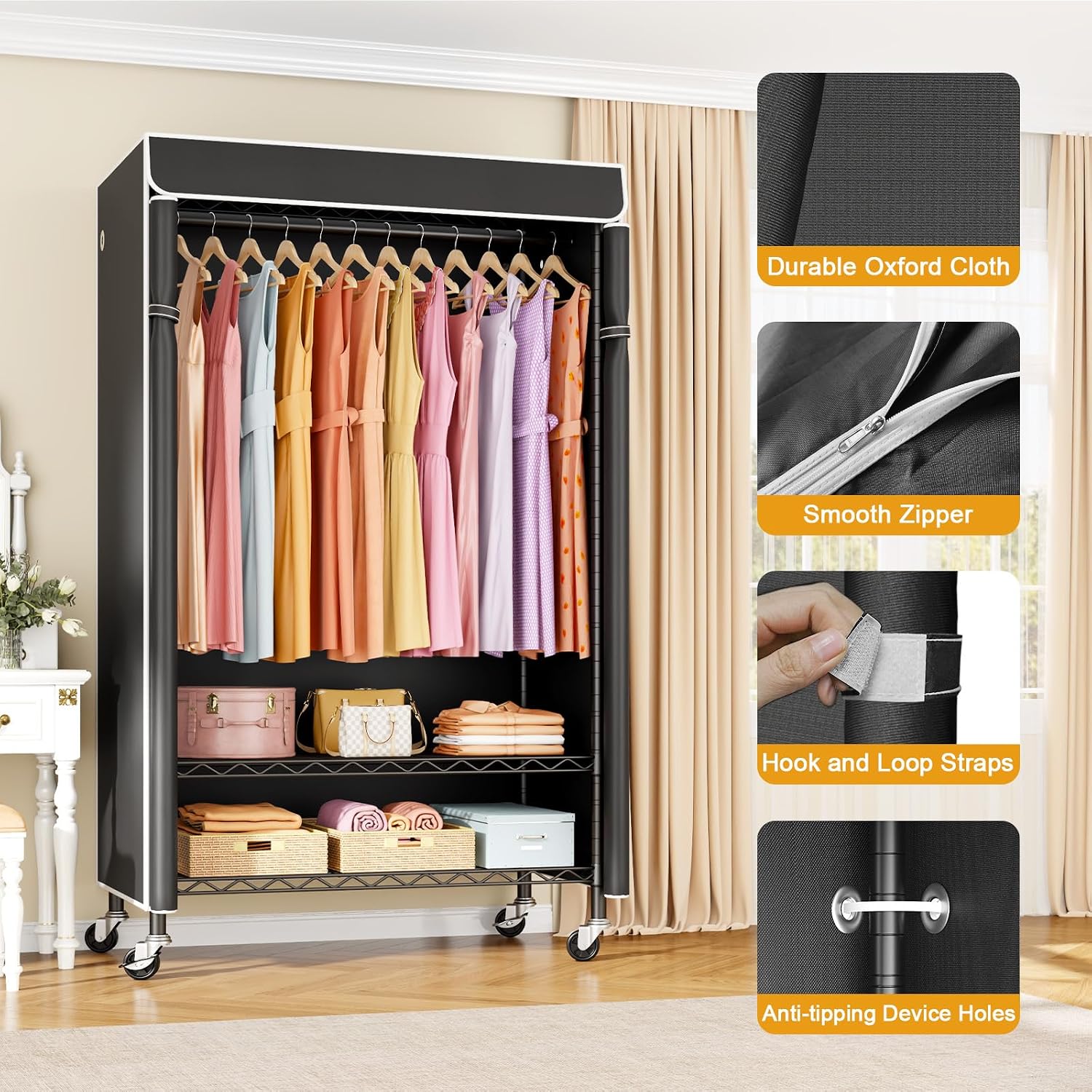 Detalle 2 de ULIFHOME P6C Rolling Clothes Rack with Cover (Max Load 365 lbs) — Black