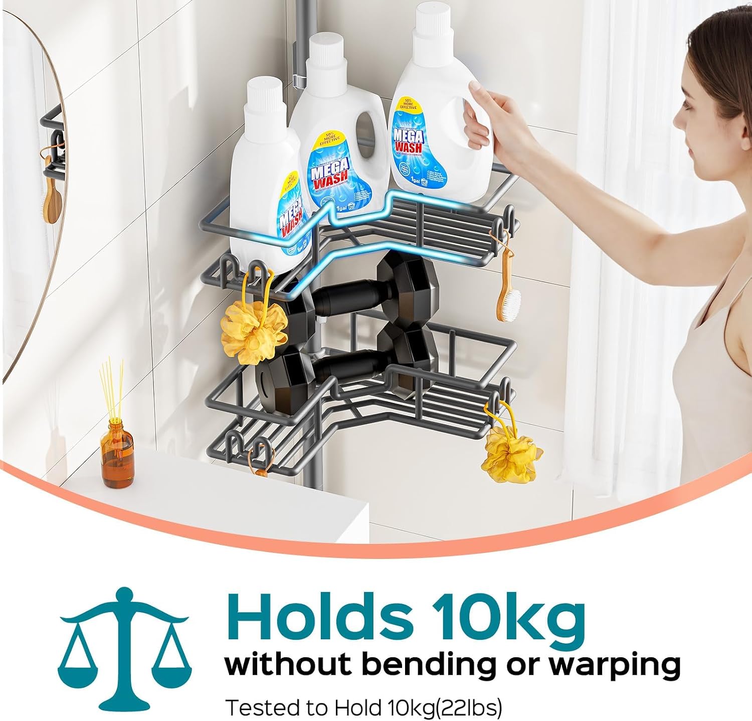 Detalle 1 de HAMITOR Shower Caddy Tension Pole Gray, 4-Tier Adjustable Storage